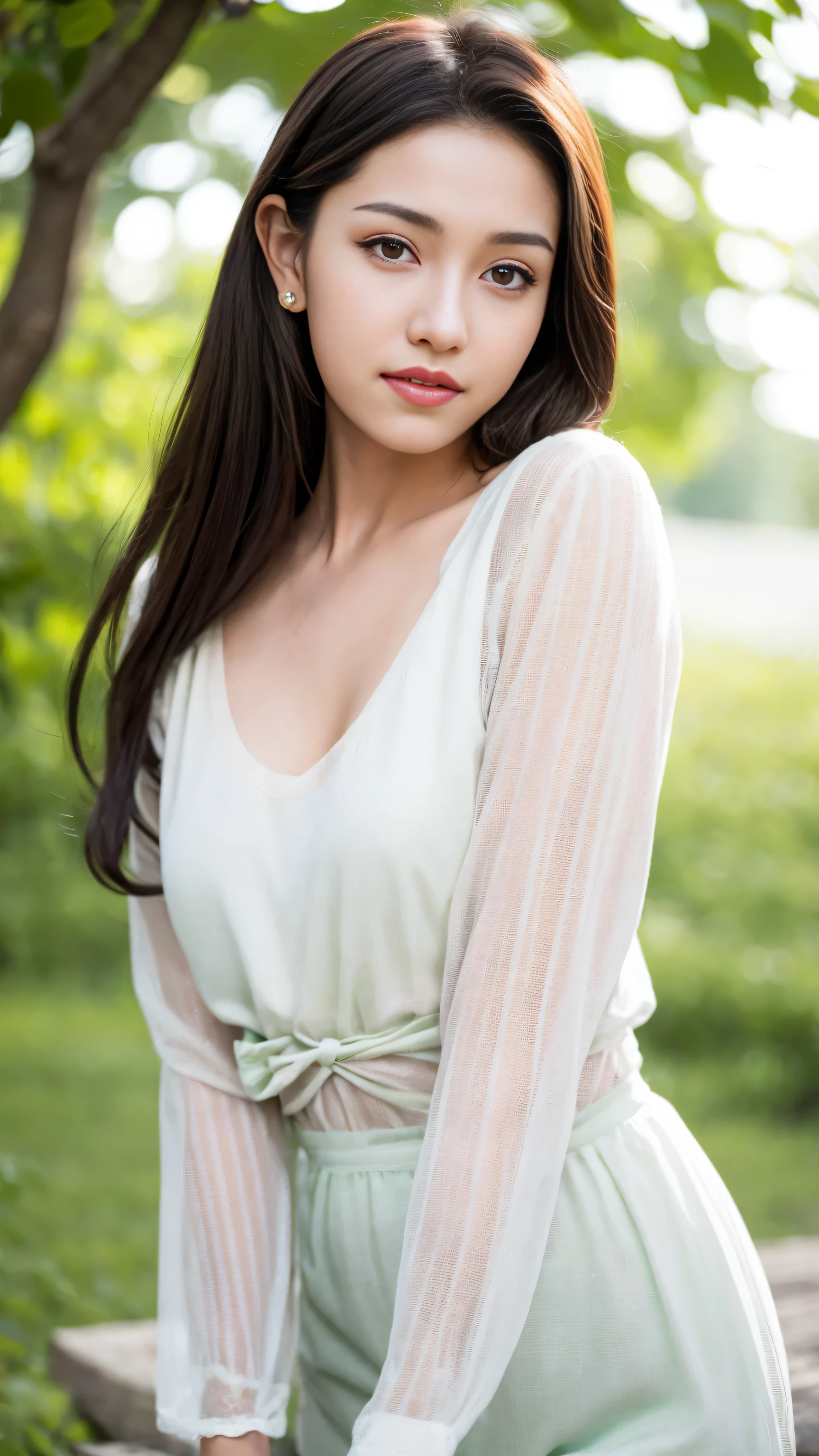 Fashion model 20 years old [[[[Close-up cleavage]]]], [[[[]]]], [[[[rape]]]], [[[[shoulder]]]], perfect eyes, perfect iris，perfect lips，perfect teeth，perfect skin，face slimming，Soft headlight，human development report，girl，casual，The background is green trees and fields；（pastel colors：1.2）