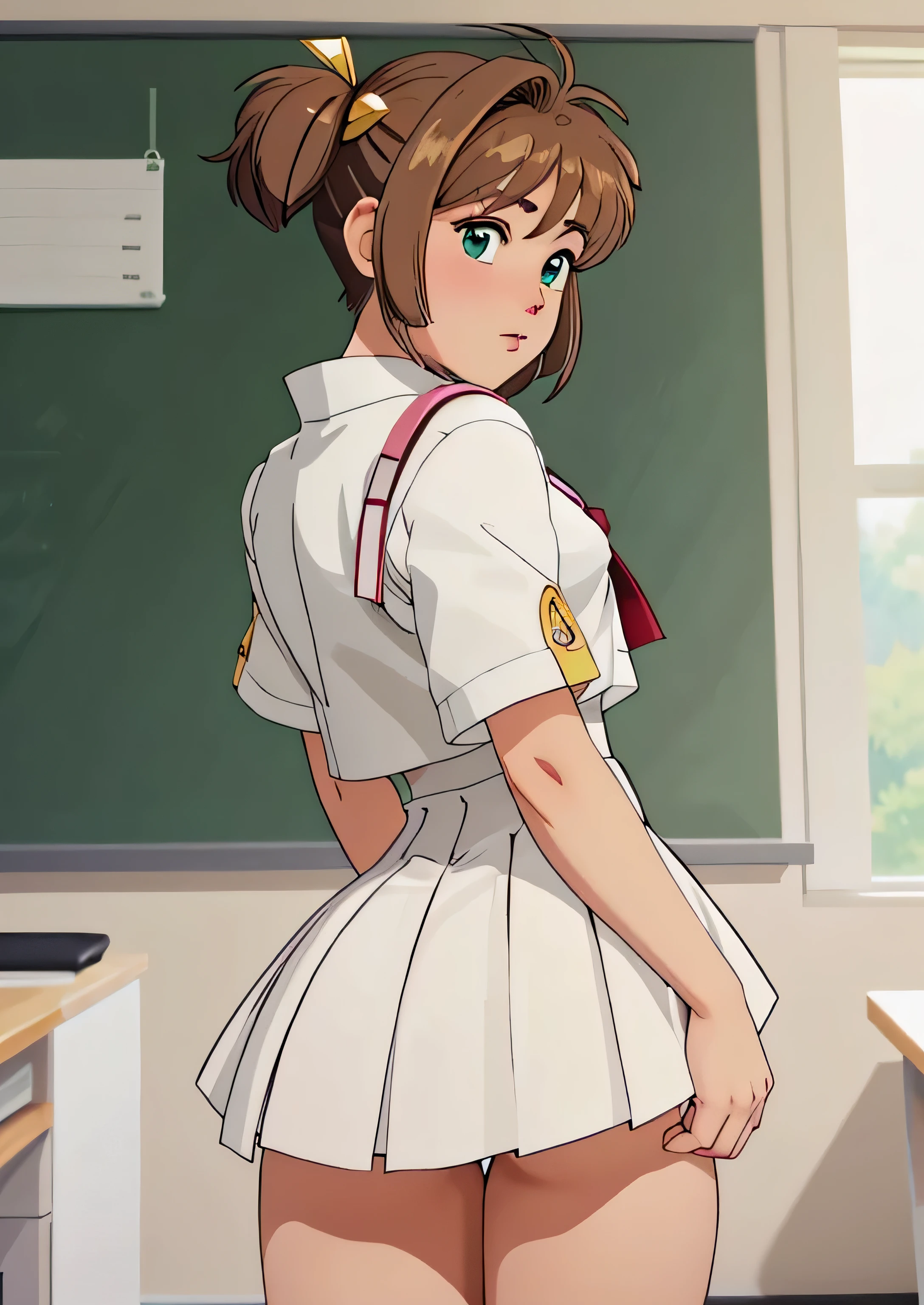 sakura kinomoto (obra maestra), ojos verdes, Short brown hair, piel blanca, Cuerpo hermoso perfecto, sakura kinomoto, minifalda blanca plisada, en postura de espalda, Show off your loot, sakua kinomoto, uniforme, cute booty without thong. (en el salon de clases),Loot Farm, Show off your loot, Falda arriba, buen culo ( en postura de espalda ) backward, gran culo (white pleated LIKE YOUR BOOT, buen culo
