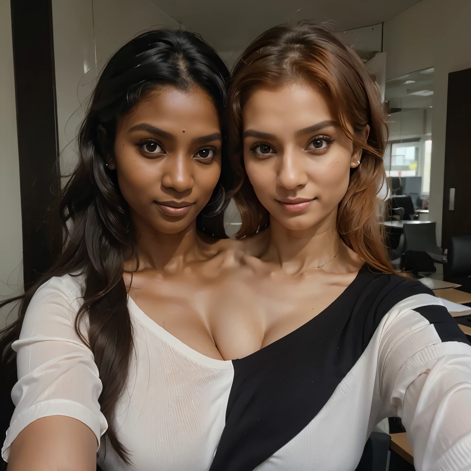 22-year-old dark Sri Lankan woman named Kasuni and, her pure white Irish mother ginger named Celestia, looking at the camera, ((make sure Celestia is a ginger, white Iriah 48-year-old woman, aged)), ((Kasuni is 22-year-old, solid black long ponytail hair, dark skin)), ultra-realistic selfie photo, feminine features, (both have different facial components), formal office suits, jewelry.