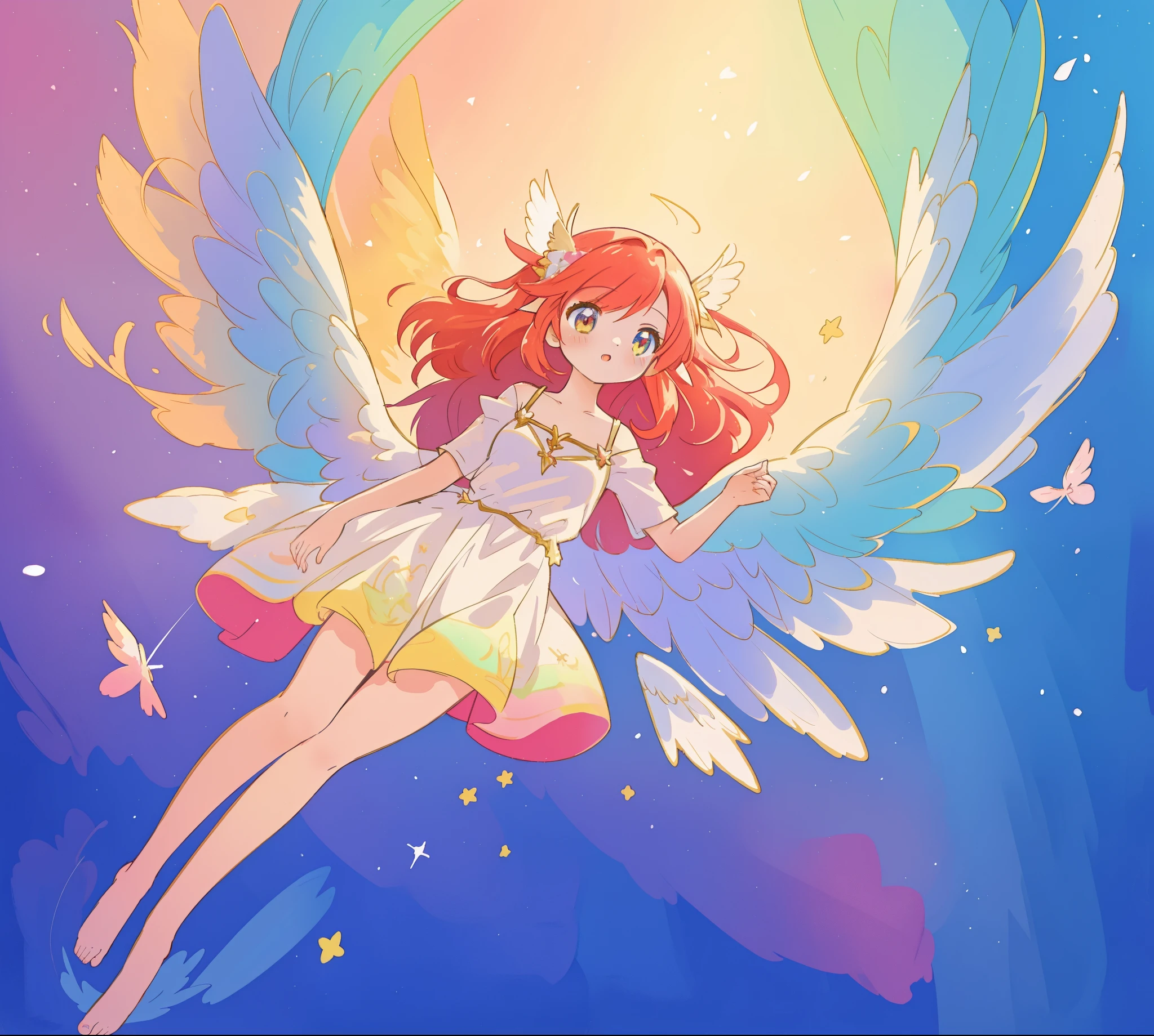 beautiful angel girl barefoot in shimmering long colorful dress, ((colorful angel wings)), vibrant pastel colors, long flowing red hair, colorful fantasia background, watercolor illustration, disney art style, beautiful digital illustration, beautiful, masterpiece, best quality, anime disney style, beautiful face, ((angel)), ((angel wings))