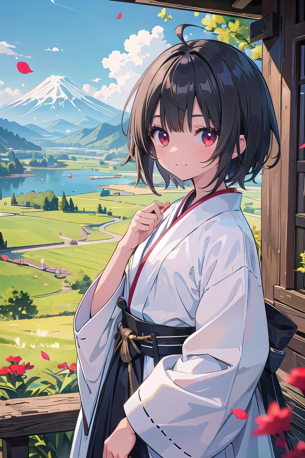 (masterpiece), scenery,grassland　Upper body, 1 girl, adventurer　clear　shiny black hair　brown skin　Japanese clothing　Ahoge　short hair side knot　red eyes　Petals flutter　looking at the viewer　smile　fine　Sword extraction