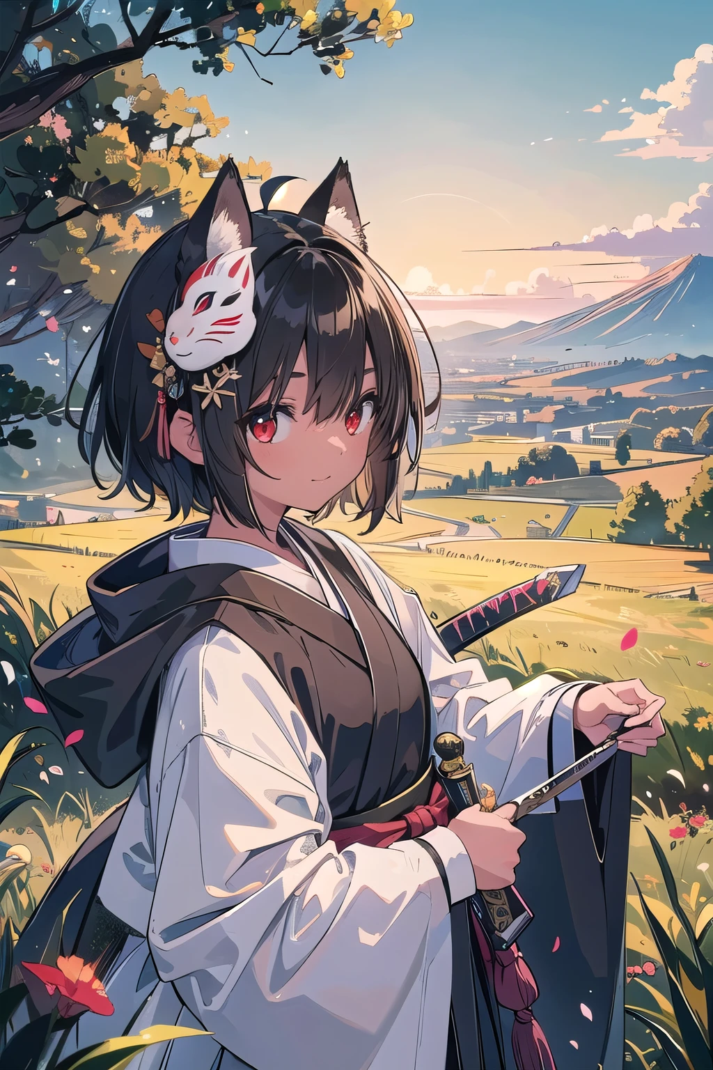 (masterpiece), scenery,grassland Upper body, 1 girl, adventurer clear shiny black hair wheat-colored skin brown skin black robe Japanese clothing Ahoge short hair side knot red eyes Petals flutter looking at the viewer smile fine Sword fox mask hair ornament