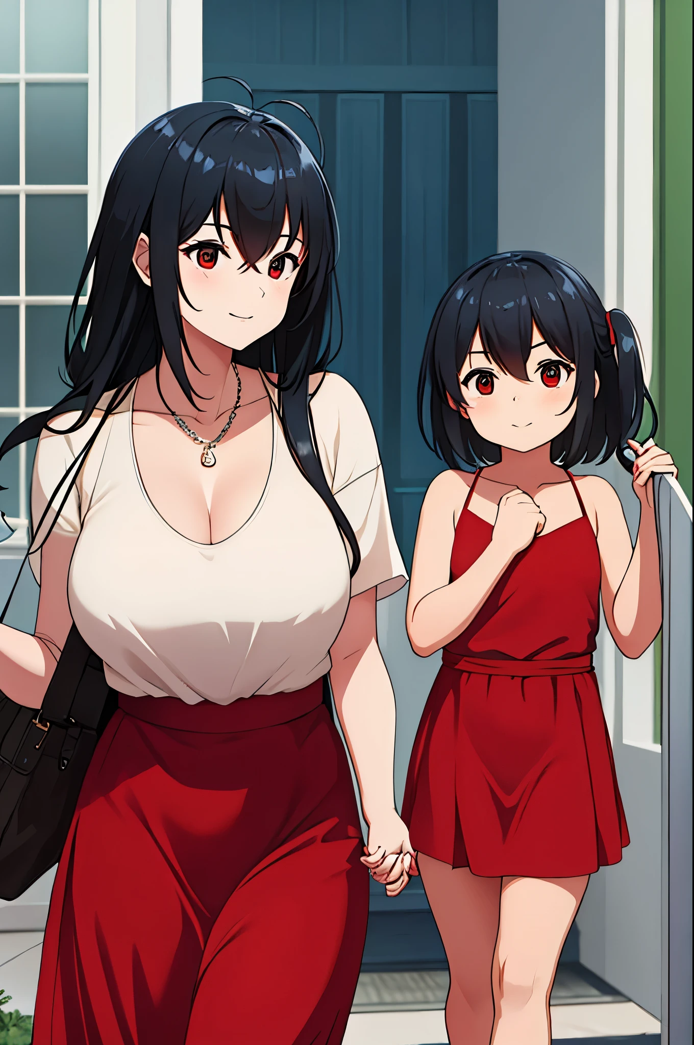 a woman in red dress holding her daughter's hand in a modern house
