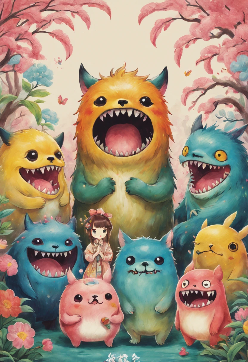 masterpiece, there are many different monster, hand painted cartoon art style, art cover, kawaii, illustration, by Shiba Kōkan, by Kōno Michisei, cute features, 中 元 节, by Gusukuma Seihō, cute characters