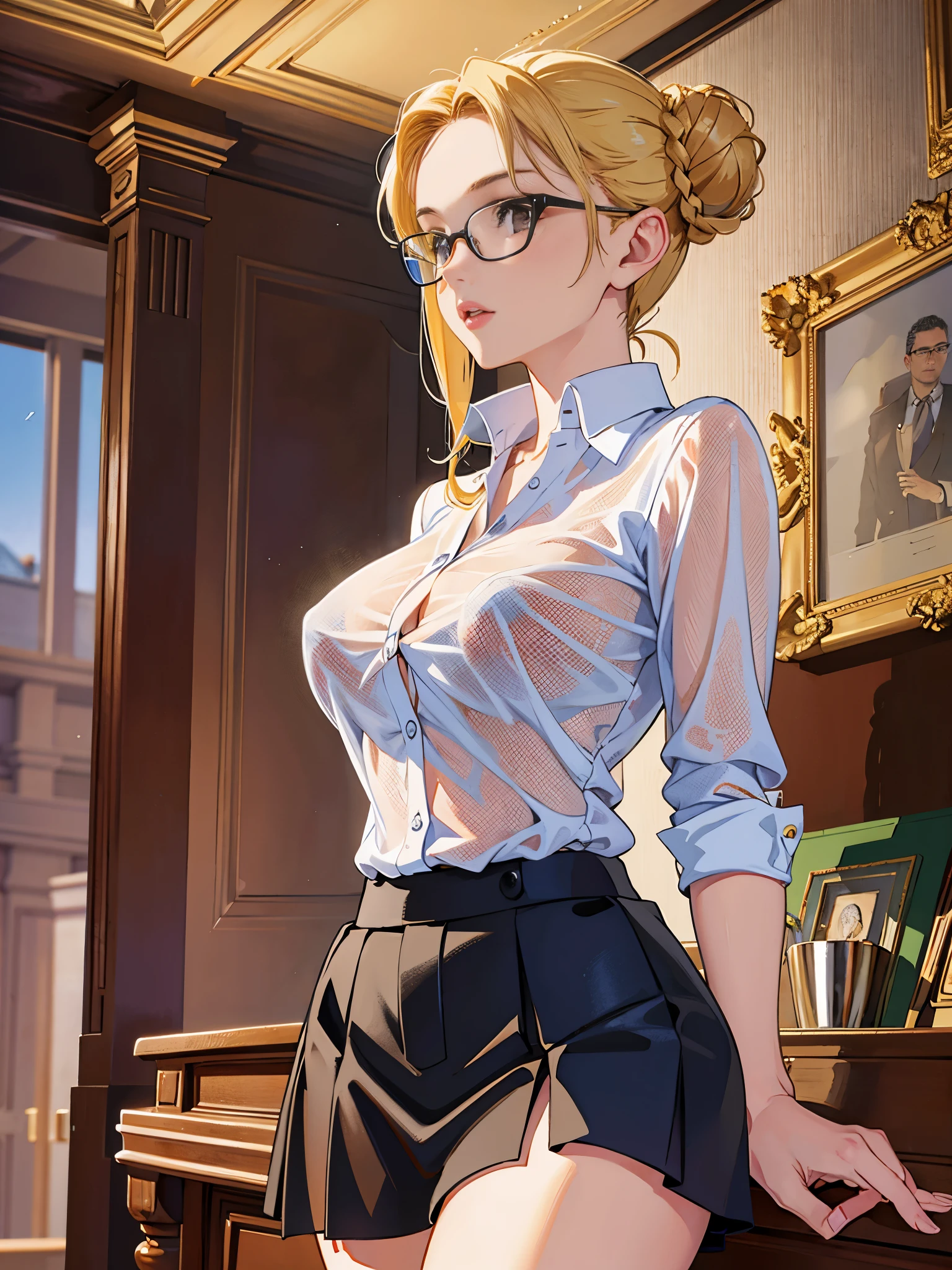 Masterpiece, a beautiful woman, (fantasy library background), (tight business shirt), (very short skirt), (stockings), glasses, (medium breasts), perfect body, blonde hair, hair tied in aa loose bun, legs, (skin texture:1.1), best quality, ultra high res, (photorealistic: 1.4), Raw photo, Rich Colors, Realistic, Cinestill 800, backlight, rimlighting, studiolighting, Penthouse photoshoot, jenya.d 