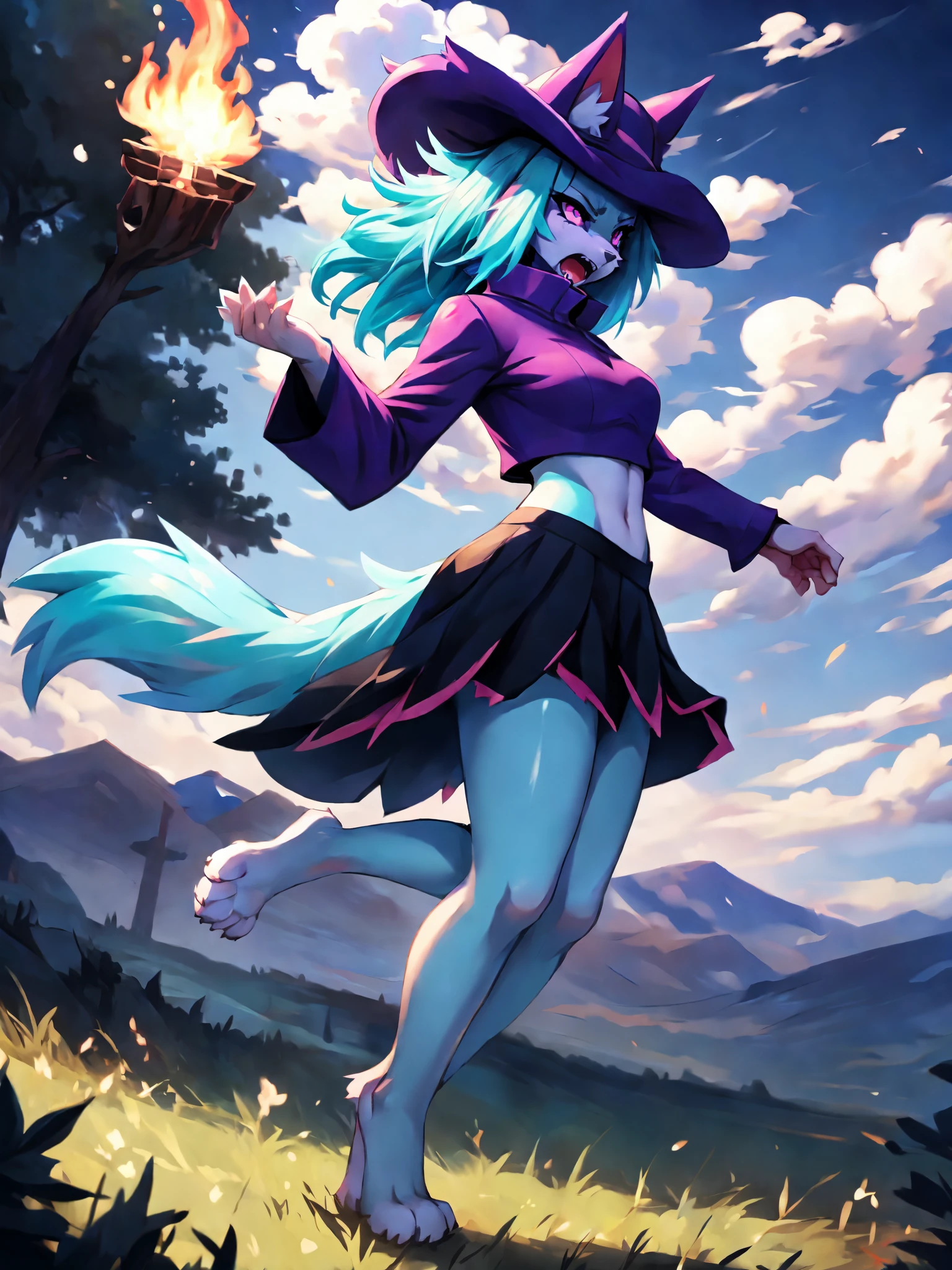 palkatress, anthro, solo, female, tall slender body, wearing purple wizards hat, spiked purple cat ears with white tips, purple eyes, purple collared crop top with long sleeves, black flowy skirt, bare legs, turquoise furry body, white feet paws, black cat nose, cute cat snout, turquoise hair, grass valley, detailed background, high collar, raging, yelling, small pupils, angry,by fumiko, by hyattlen, by hioshiru, detailed, high resolution, floating in the air, shooting black fire balls from her hand, side view, dynamic action pose