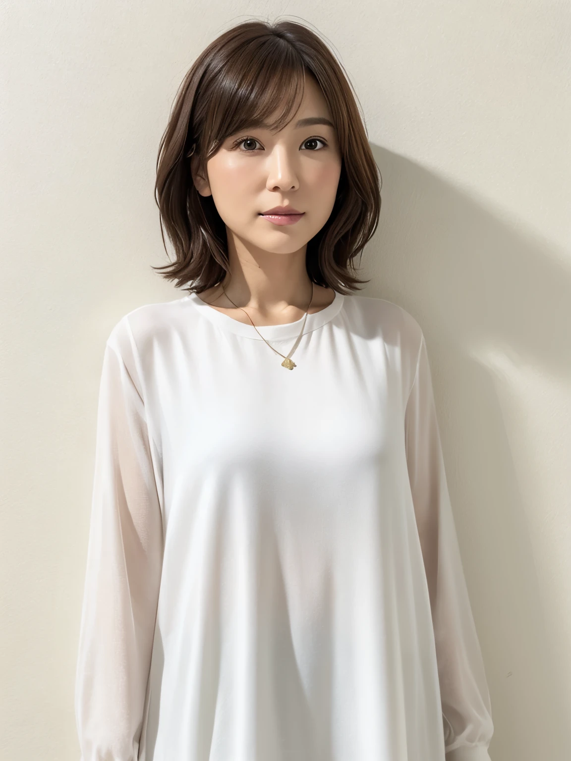 (Highly realistic photos, High resolution, detailed face, fine eyes), ((Taken in front of a white wall))、japanese woman, 40 years old, Variety of facial expressions, alone:1, slim figure, different hairstyles, casual clothes, Only one person appears in the photo、long sleeve dress、Shot in natural light、simple necklace、Spring clothes、Don't look at the camera、profile、Dark brown hair color、bob hair