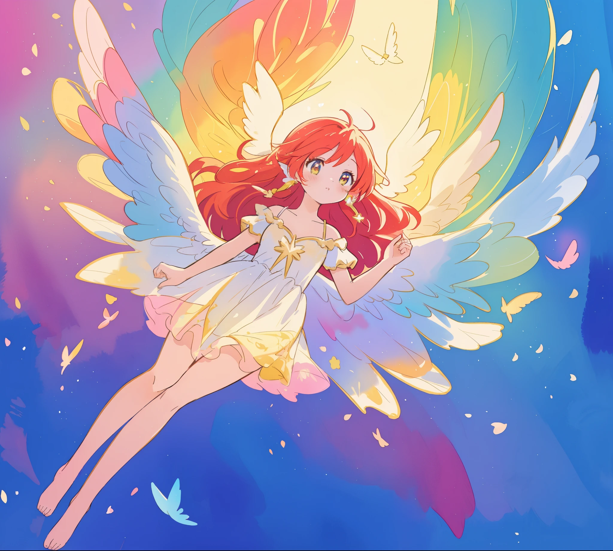 beautiful angel girl barefoot in shimmering long colorful dress, ((colorful angel wings)), vibrant pastel colors, long flowing red hair, colorful fantasia background, watercolor illustration, disney art style, beautiful digital illustration, beautiful, masterpiece, best quality, anime disney style, beautiful face, ((angel)), ((angel wings))