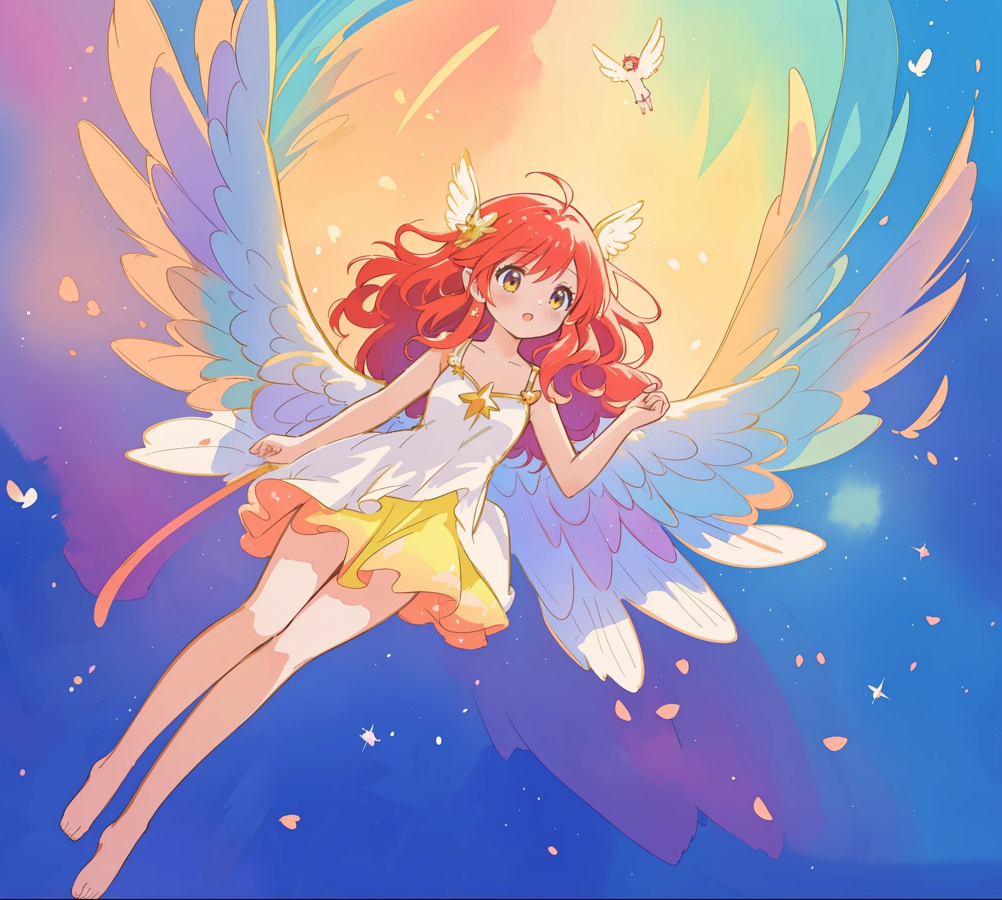 beautiful angel girl barefoot in shimmering long colorful dress, ((colorful angel wings)), vibrant pastel colors, long flowing red hair, colorful fantasia background, watercolor illustration, disney art style, beautiful digital illustration, beautiful, masterpiece, best quality, anime disney style, beautiful face, ((angel)), ((angel wings))