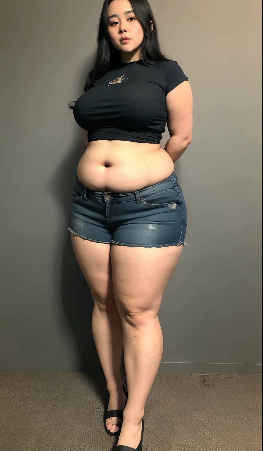 ((best quality)), ((masterpiece)), (detailed), perfect face, araffe woman in a dark-blue shirt and blue denim skirt walking down a street, thicc, she has a jiggly fat round belly, bbwchan, wearing tight simple clothes, skinny waist and thick hips, widest hips, her belly is fat and round, soft curvy shape, hyperrealistic full figure, wearing a cute top, wide hips, cropped shoulders，Bare belly,(big assa:0.7),show legs,, thicc, beautiful thick female, beautiful curvy female,, Tall and tall，clear curvy details, curvy hourglass figure, alluring plus sized model, bbwchan, Voluptious body, Curvy model, Curvy body, Be red in the face, 1girll, a matural female, A MILF, the golden ratio,(Kpop idol),(Oil skin:1.2),(Oil skin:1.1), iremuzi tattoos on thighs, big tattoo on thighs