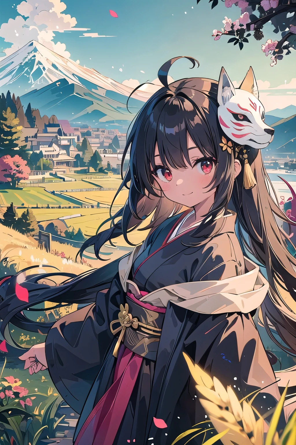 (masterpiece), scenery,grassland　Old Japan　Upper body, 1 girl, adventurer　clear　glossy black hair　wheat-colored skin　brown skin　black robe　kimono　Ahoge　noble long hair　Raking up hair　red eyes　petals dance　looking at the viewer　smile　Are you okay　sword　fox mask hair ornament