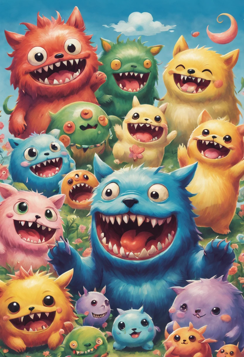 masterpiece, there are many different monster, hand painted cartoon art style, happy, playing, art cover, kawaii, illustration, by Shiba Kōkan, by Kōno Michisei, cute features, 中 元 节, by Gusukuma Seihō, cute characters