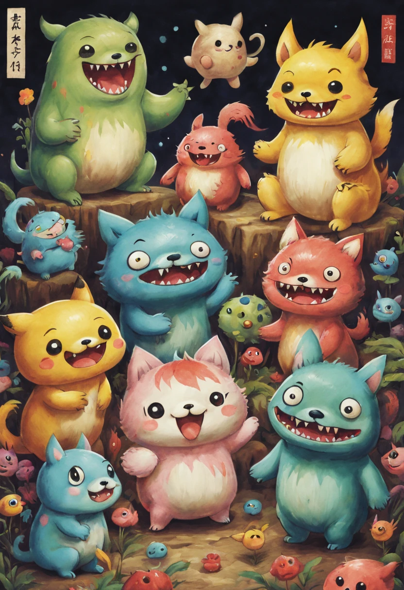 masterpiece, there are many different monster, hand painted cartoon art style, happy, playing, art cover, kawaii, illustration, by Shiba Kōkan, by Kōno Michisei, cute features, 中 元 节, by Gusukuma Seihō, cute characters