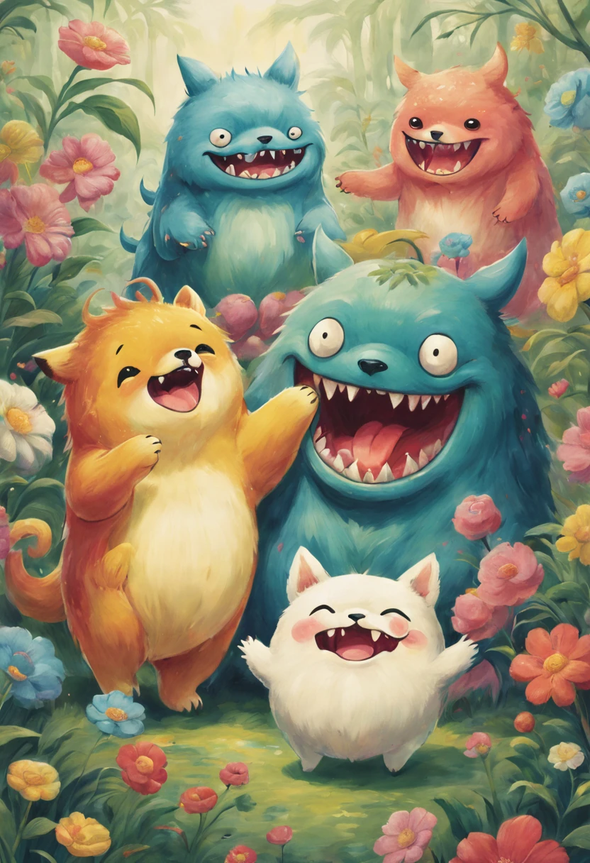 masterpiece, there are many different monster, hand painted cartoon art style, happy, playing, art cover, kawaii, illustration, by Shiba Kōkan, by Kōno Michisei, cute features, 中 元 节, by Gusukuma Seihō, cute characters