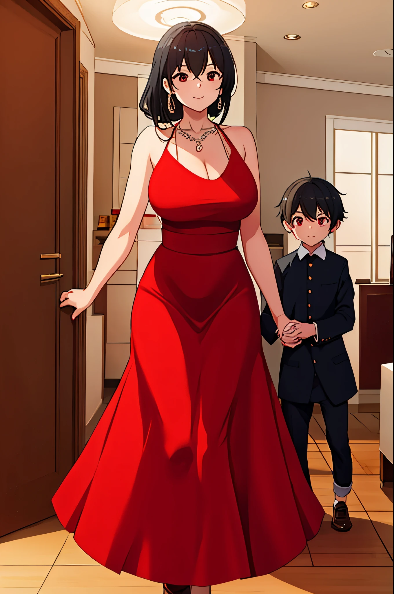 a woman in red dress holding her daughter's hand in a modern house
