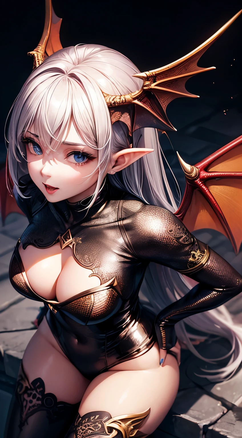 Woman, 30 years, adult, sexy dragon wings, saliva dripping, nigth, soft ligth, from above, super detail, fingers --style realistic-imagine -

