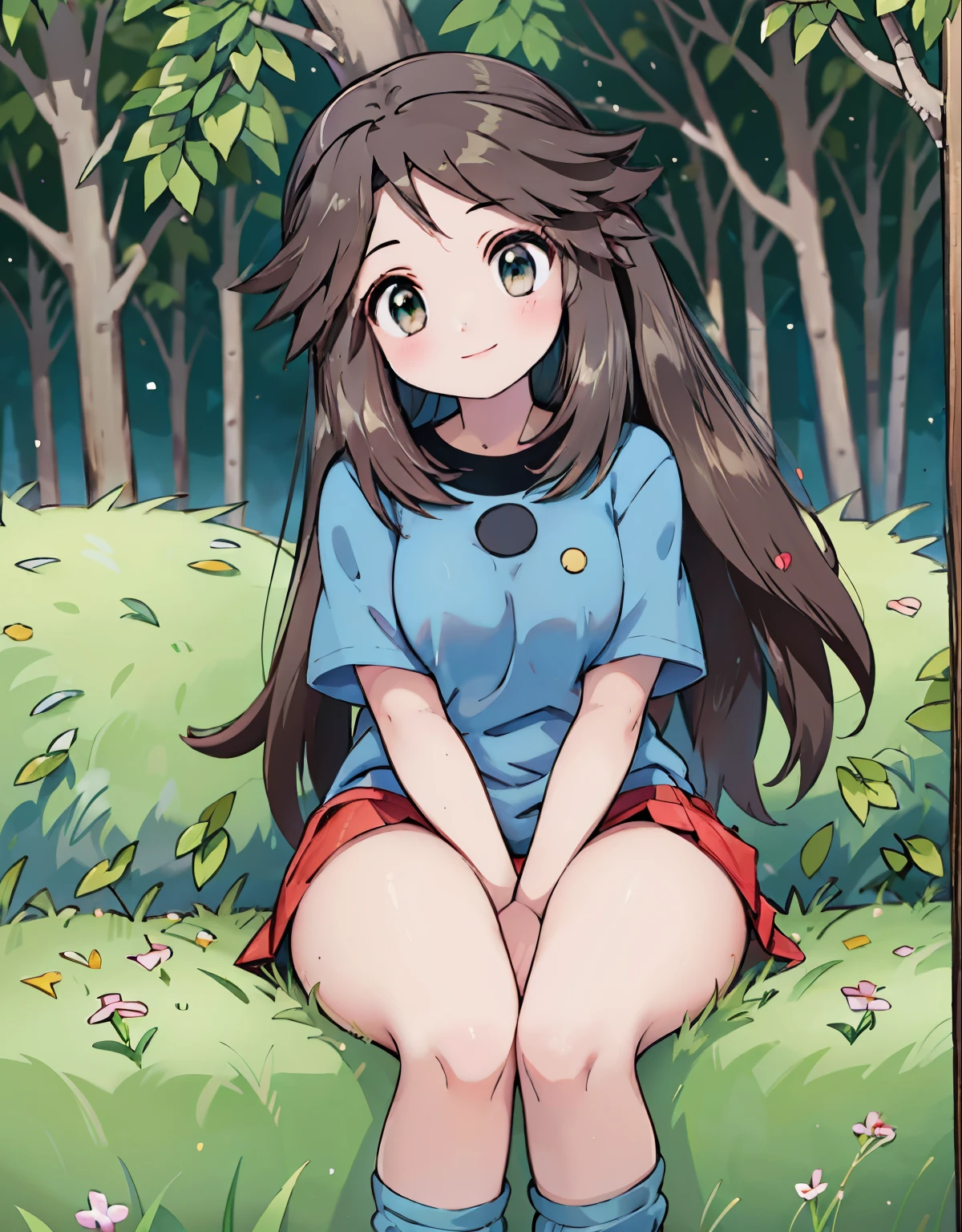 best quality,highres,masterpiece:1.2,ultra-detailed,realistic:1.37,HDR,UHD,studio lighting,extreme detail description,colorful,bokeh,illuminating sunlight,portrait,anime eyes style,green hues,sad look, age girl with chubby thighs and round beautiful and detailed eyes, detailed anime-style eyes, anime style eyes, beautiful eyes, detailed eyes, brown eyes, walking in a garden,gyal stems in the foreground,isible thighs,sitting,red skirt,blue shirt, loose socks, white footwear,knees together,smile,upskirt,white panties, night, sky full stars