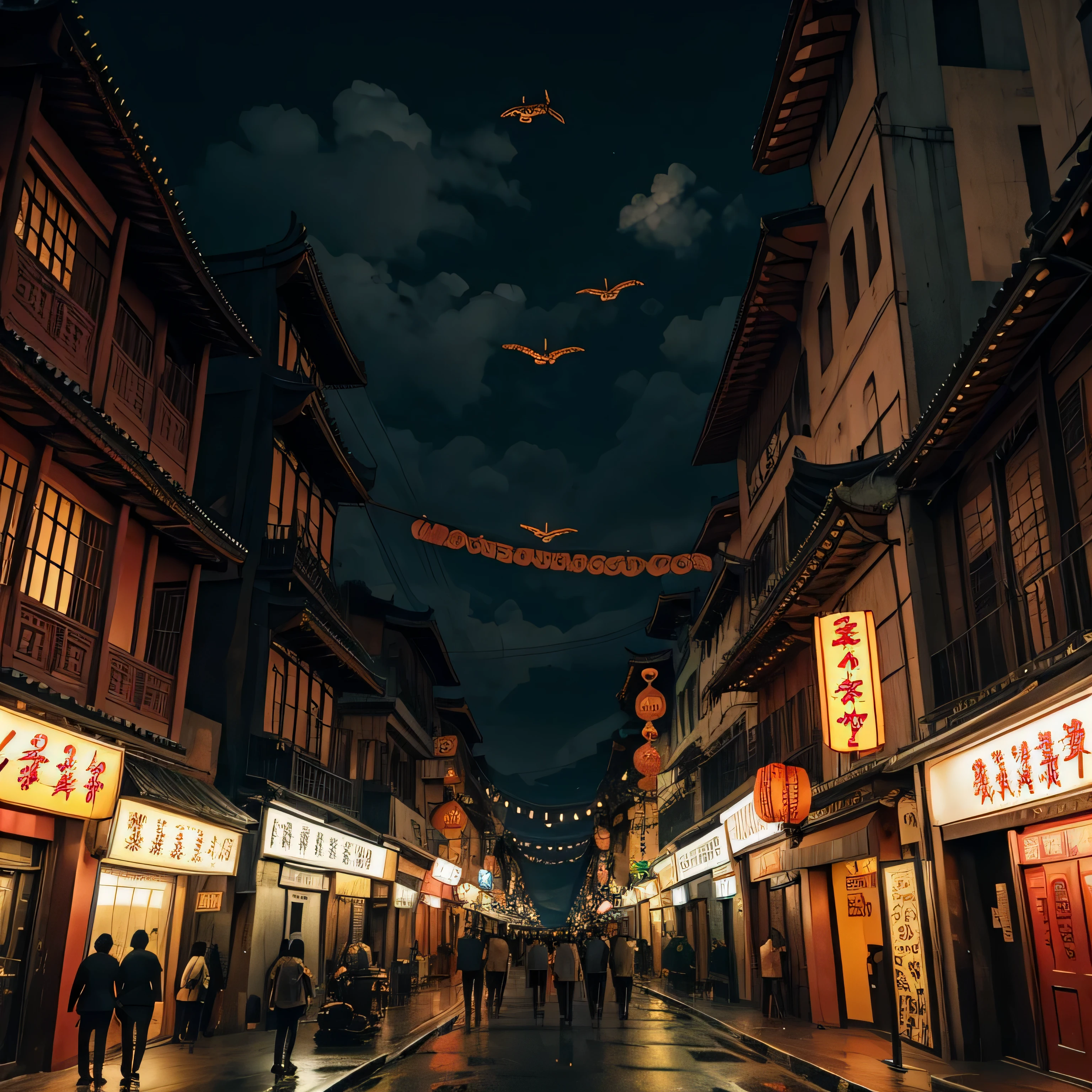 chinatown streets, dark atmospher, dragon flies among the clouds