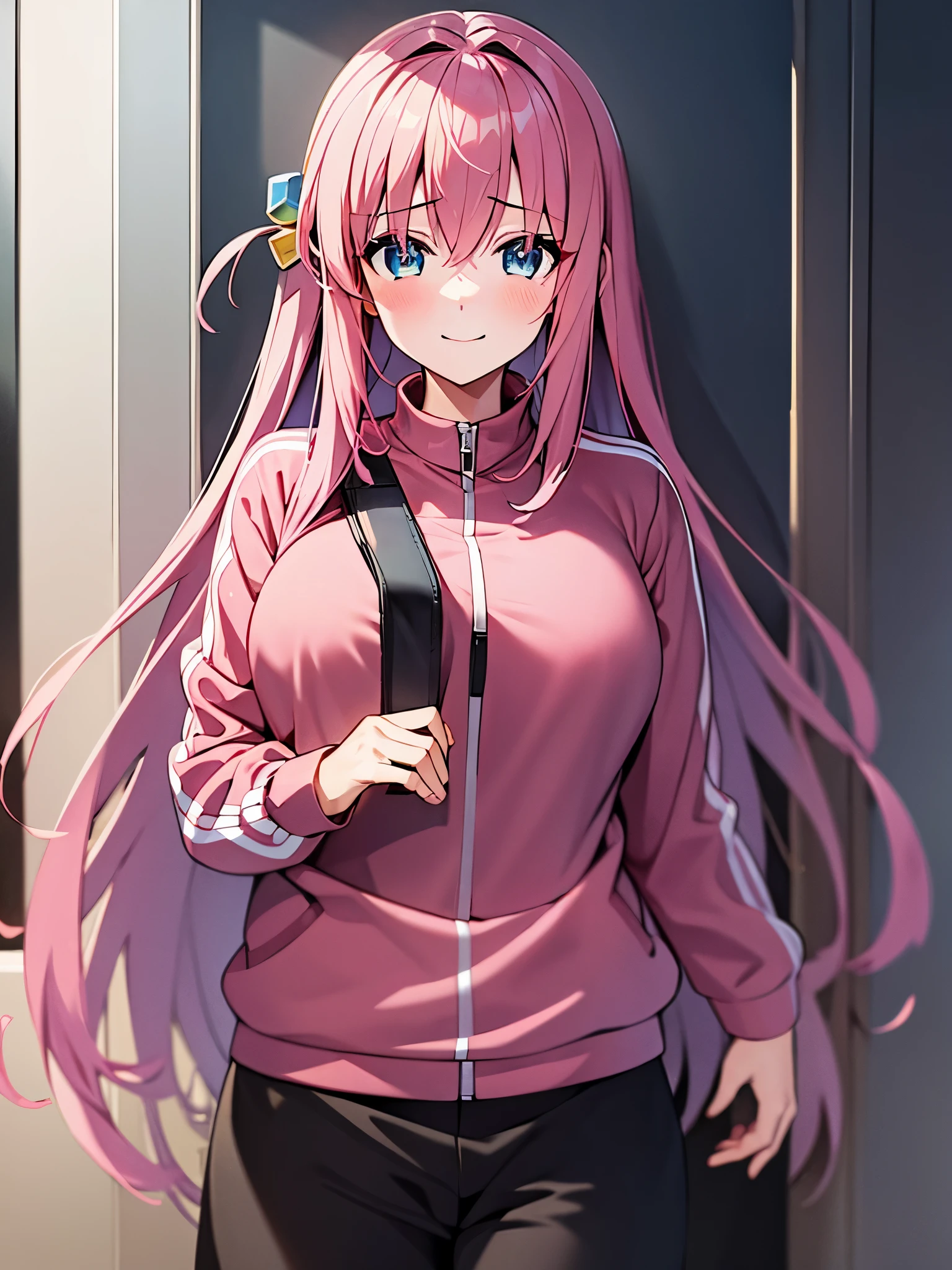 gotoh hitori, 1girl, solo, long hair, looking at viewer, smile, one side up,pink track jacket, large breasts, blue eyes, hair between eyes,  cube hair ornament,upper body,pink hair, long hair 