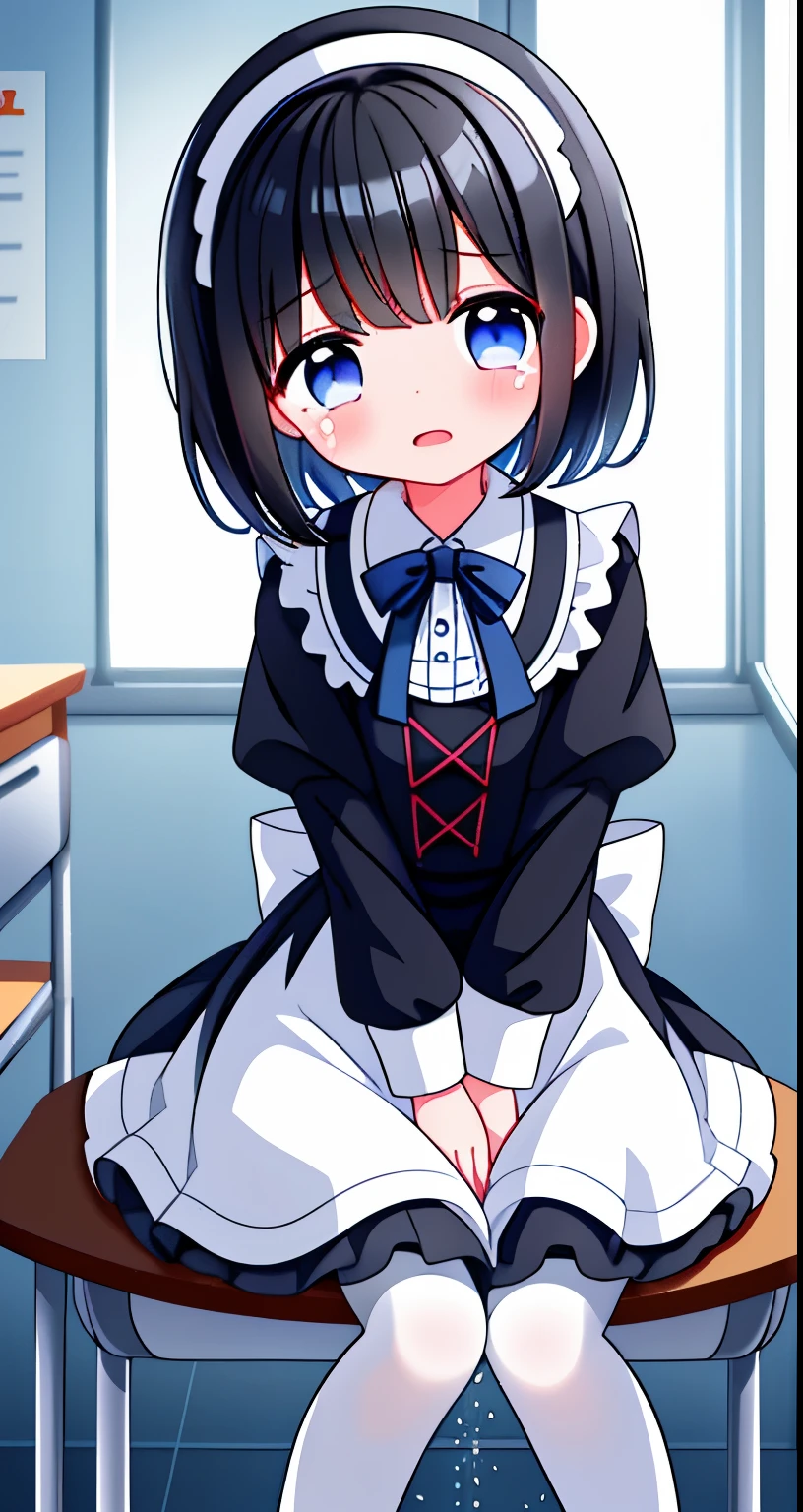 girl,short black hair,maid outfit,Black lace-up boots,white pantyhose,blush害羞,classroom scene,恶魔maid outfit,Black lace-up boots,white pantyhose,blush害羞,classroom scene,girl,short black hair,((absurd)), ((on the table)), (best quality), (lens flare), (Super detailed), (beautiful), ((cute girl)), alone, beautiful face, White skin, on the table, (10 years old: 1.3), , 、A girl goes to the toilet、 permanent, is crying, Close her eyes, tears flow from eyes, Embarrassment comes from, blush), (The girl is peeing: 1.2),, look away, sitting, Awkward, blush, The mouth opens slightly, classroom (Girl leaking urine): 1.5)