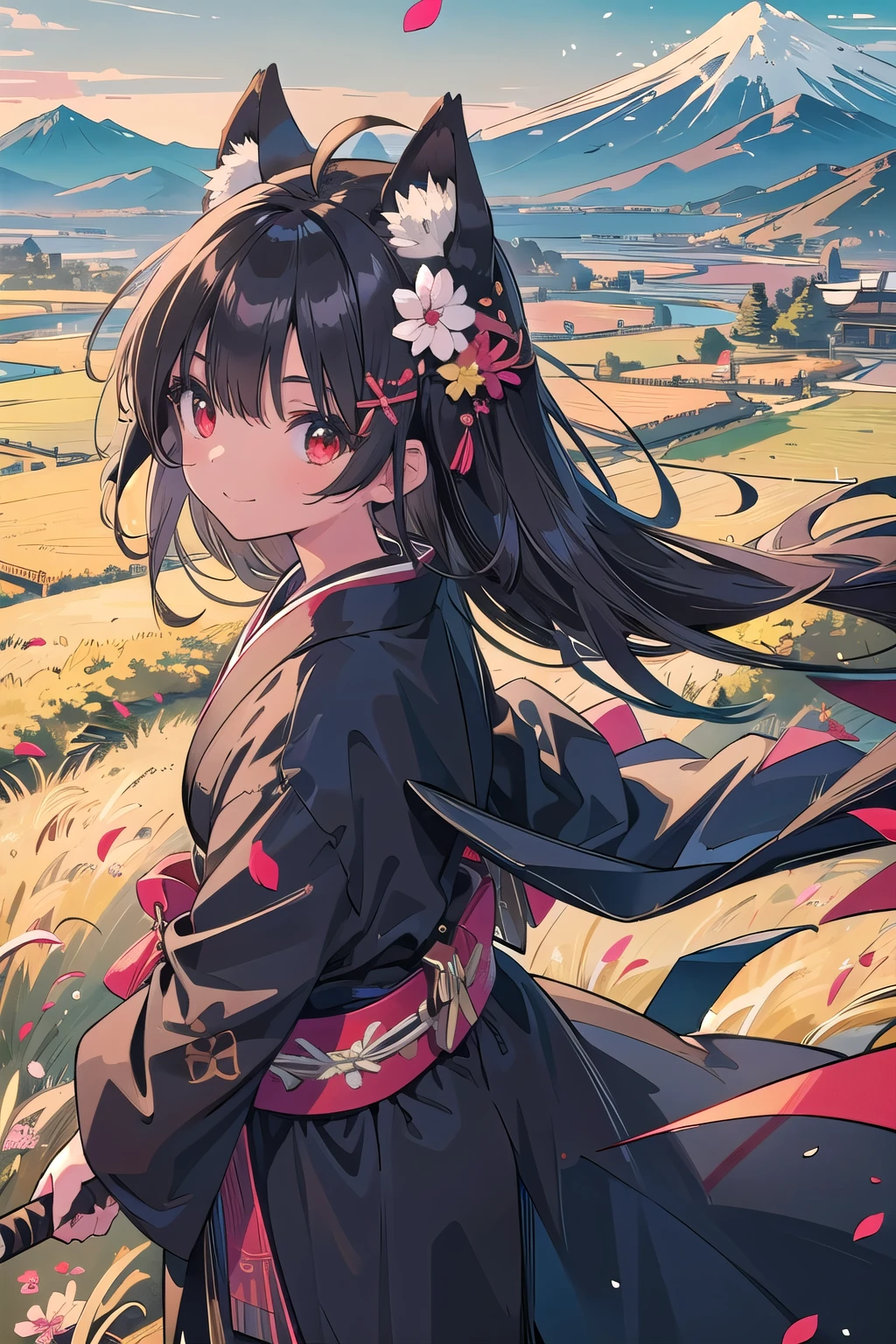 (masterpiece), scenery,grassland Old Japan Upper body, 1 girl, adventurer clear glossy black hair wheat-colored skin brown skin black robe kimono Ahoge noble long hair Raking up hair red eyes petals dance looking at the viewer smile Belt sword fox mask hair ornament