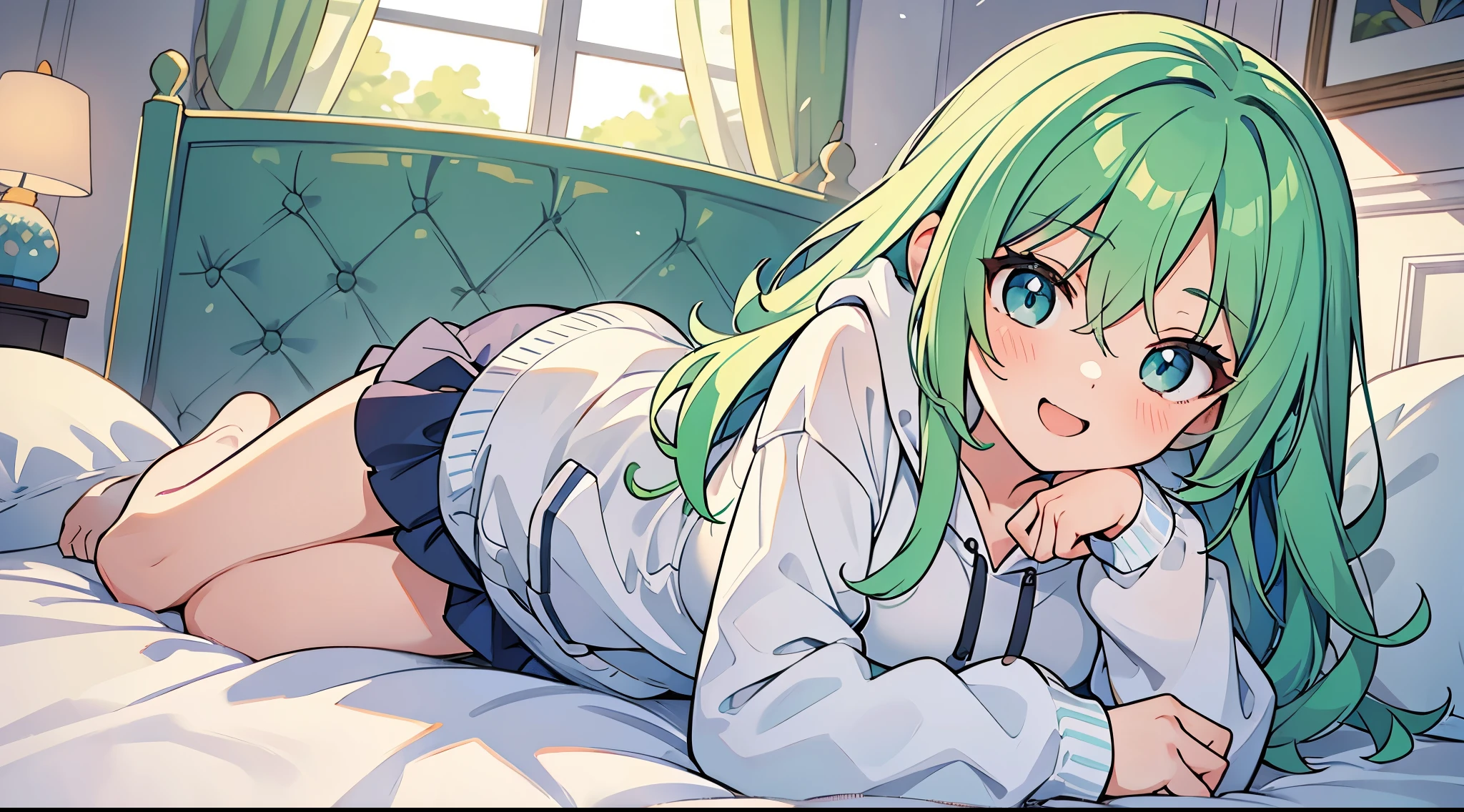 ((A Pretty girl with green hair and blue eyes lying on the bed)), ((wearing white hoodie)), Baby face, ((master piece, top-quality, ultra-definition, high resolution)), anime girl, ((ultra-detailed illust:1.2)), only one person, bangs, hair between eye, beautiful hair, Beautiful eyes, Medium breasts, thighs, Big smile, opened mouth, in the bedroom, morning