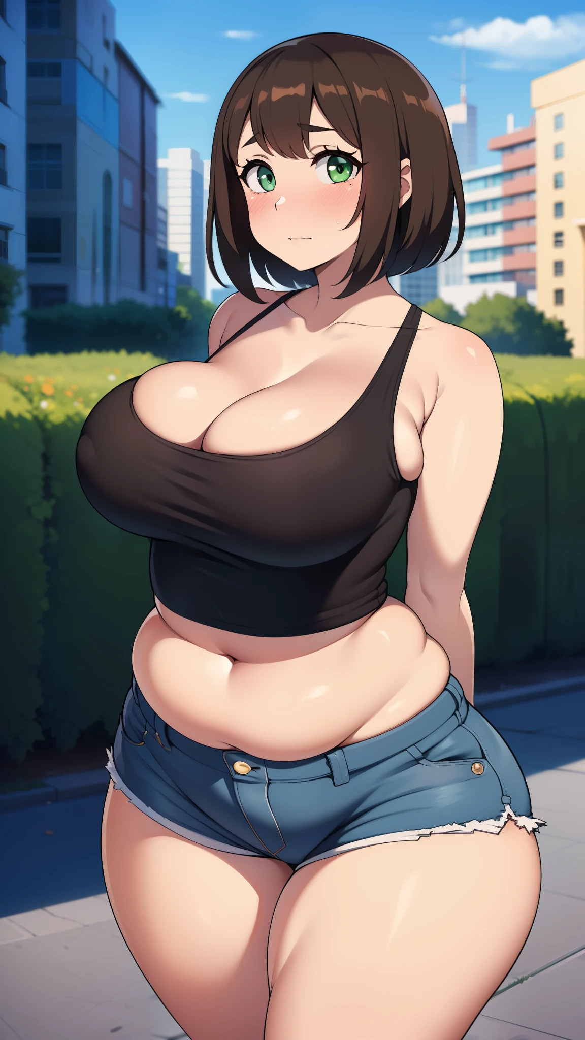 ((highres)), Masterpiece, high quality, best quality, beautiful, perfect lighting, detailed face, ultra cute face, ((1girl)), ((solo), short brown hair, fluffy hair, green eyes, ((blushing)), nervous, looking at viewer, arms behind back, standing in a side walk, (city), daytime, crop top, shorts, wide hips, (thick thighs), (chubby), (large breasts), cleavage, perky breasts, 24 year old female,
