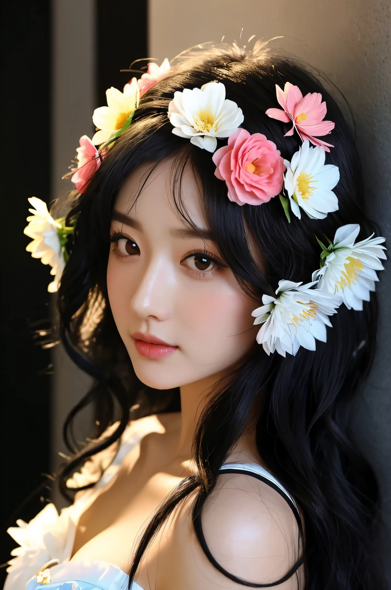 Beautiful big breast woman with flowers and flower crown in hair, hair furae, (black hair: 1.5), (black eyes: 1.5), (Korean idol people: 1.0), flower storm portrait, flower woman, hair flower, hair flower, flower girl, flower goddess, beautiful portrait photo, girl with flower head, perky woman made of petals, portrait of big breast woman with flowers, girl in front of flower garden