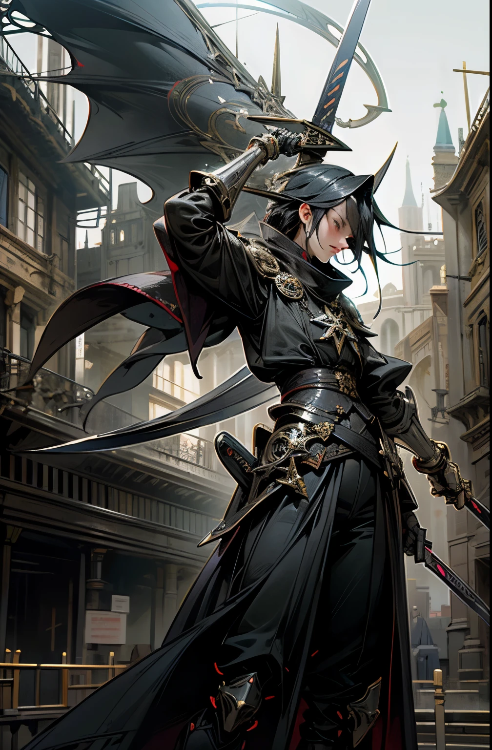 Dark gothic horror fantasy,ciberpunk futurista,(samurai sword, scythe blade, bandera de guerra sashimono, negro:1.1),1 hombre,Mechanical Marvel,Robotic presence,Cyber Warrior Guardian, wear a worn mechanical suit, incredibly complex metal [oxidado]), elegancia perfecta, Enfoque claro, Photography by Greg Rutkowski, cinematic lighting, Colores vibrantes, OBRA MAESTRA PERFECTA, ((calle)), tiro de vaquero, extremely dynamic pose, flores de cerezo ondeando al viento, Post-apocalyptic gothic feudal Japan background