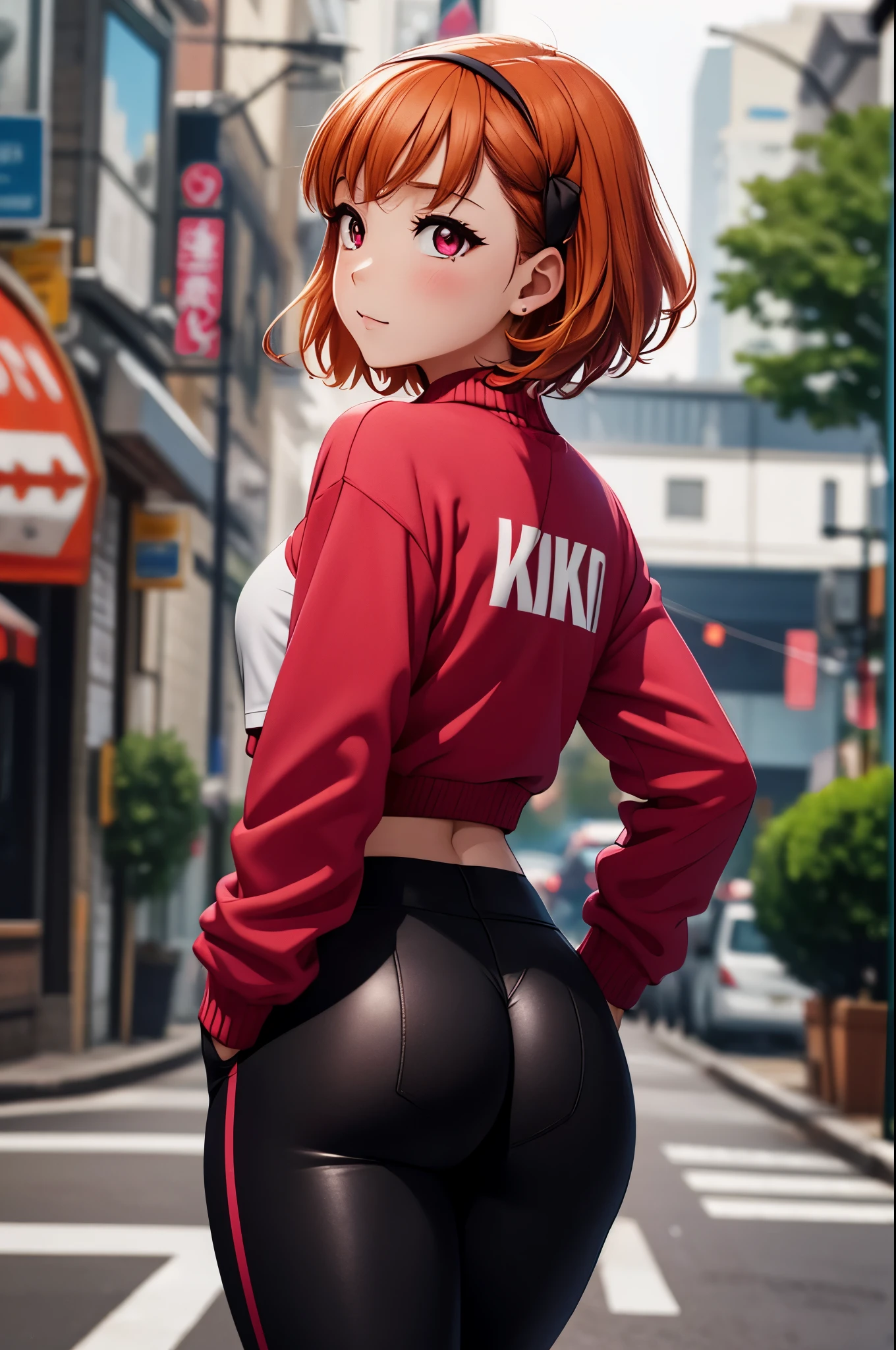 (best quality,4k,8k,highres,masterpiece:1.2), from behind,ultra-detailed,takami chika, looking back, pink eyes, red sweatshirt , midriff,yoga leggings, headband, long sleeves,black fingerless gloves,ass, standing ,cowboy shot, hair ornamen , short hair 