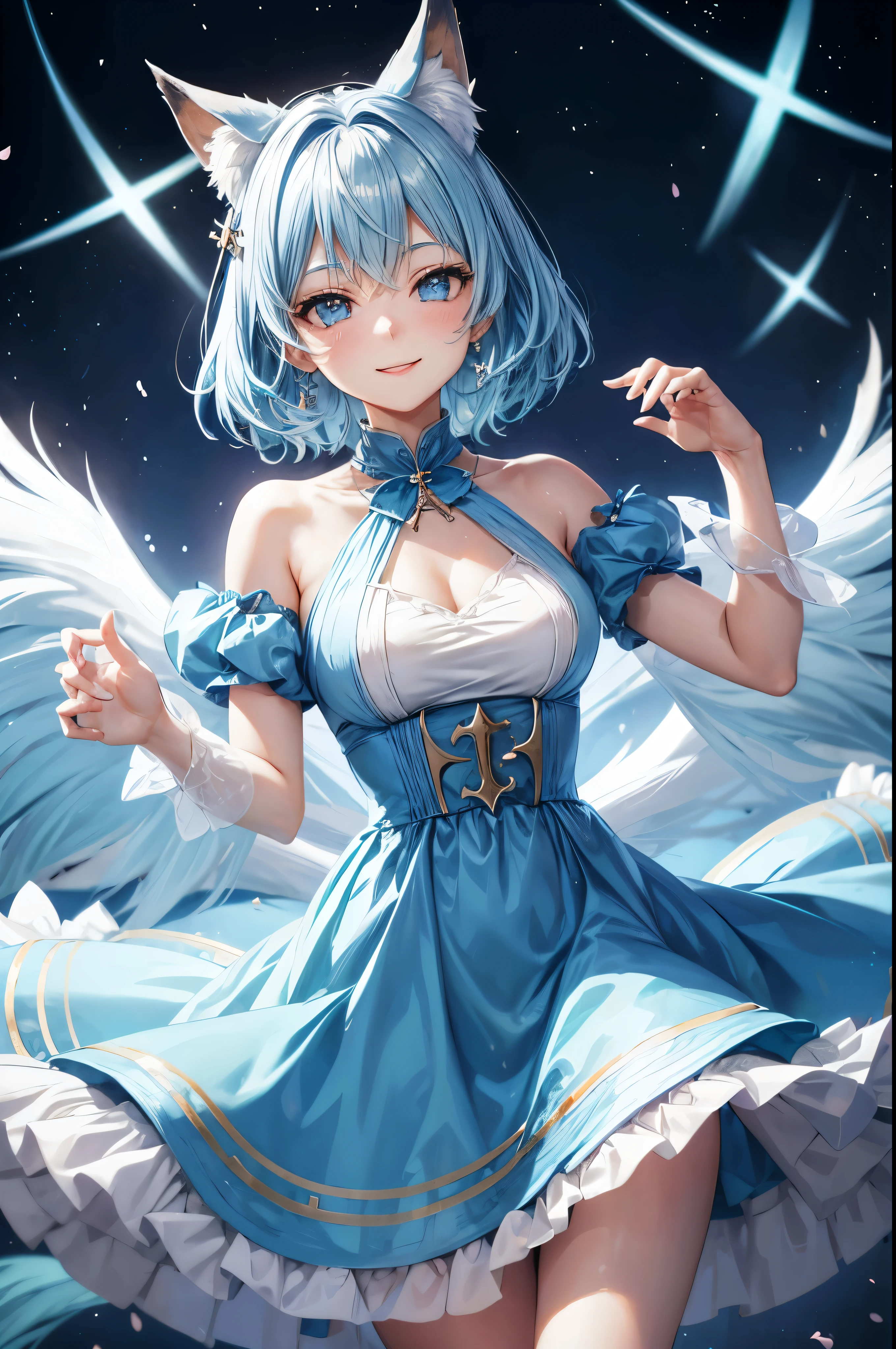 short light blue hair, woman, anime, wink, cross earring, light blue royal dress, fox ears, angelic, chain necklace, smile, heart hand pose
