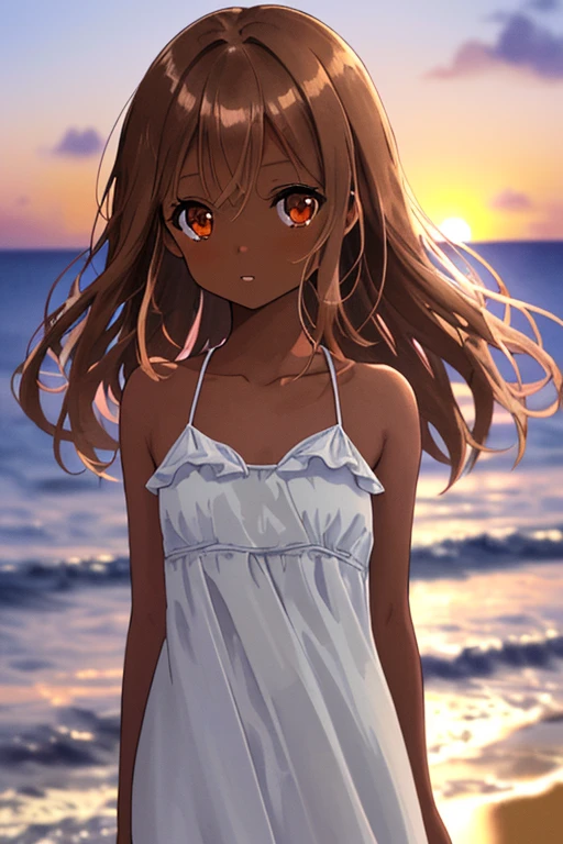 masterpiece, high quality, highres, A girl in a one-piece dress standing on the beach at duskm, The illustration is drawn in watercolor with a pastel color scheme, soft touch color, looking at viewer, portrait, face focus, collarbone, dark skin, long brown hair, Each strand of hair is fine, hair between eyes, beautiful and delicate ((brown eye's)), eye's in highlight, catch light eyes, specular highlight eyes, parted_lips, white one-piece dress, okinawa, beach, sunset, magic hour, twilight, bokeh, Blurred Backgrounds, depth of field,
