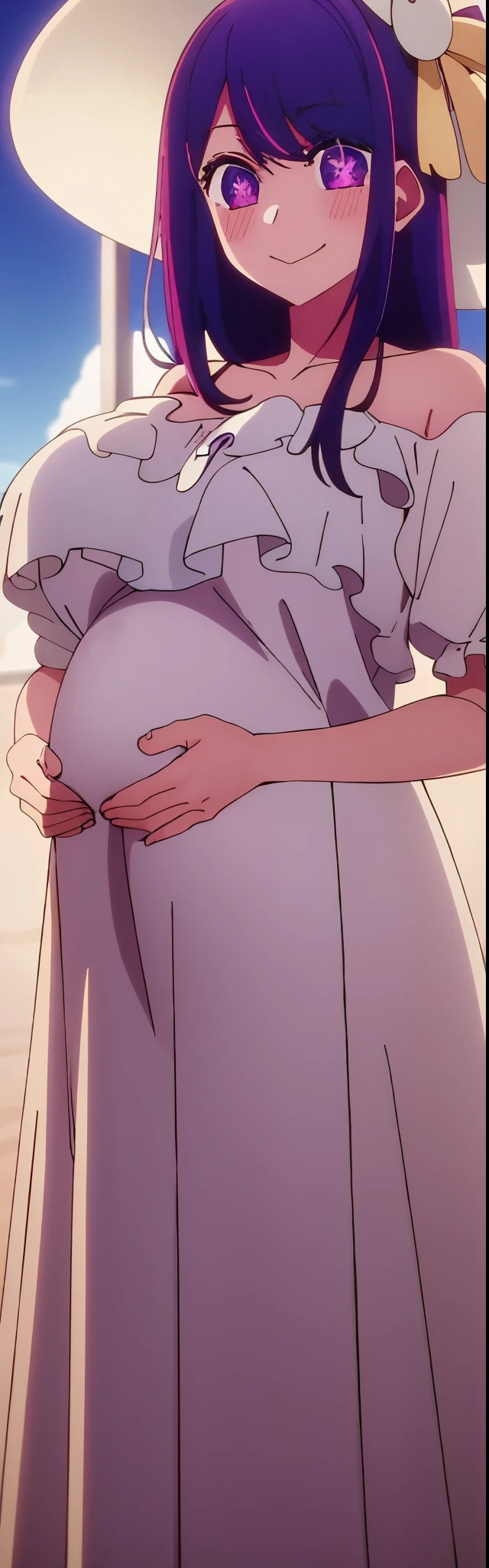 masterpiece、very detailed、(1 girl:1.2)、purple hair、white maternity dress、Big eyes、clear eyes、cowboy shot、shining smile、8K、Ai Hoshino、hat🧢、(big breasts)、((pregnancy))