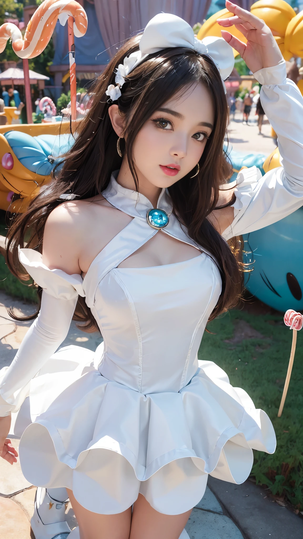 8k, ultra hd, masterpiece, 1 girl, cute face, very long hair, detailed eyes, small curved bust, baby doll costume, (white costume:1.4), (retro filters:1.4), (fantasy:1.4), (candy world Disney land:1.5), ethereal soft fluffy soft landscape background, hyper realistic Ultra quality cinematic lighting, immense detail, Full hd, perfect body,