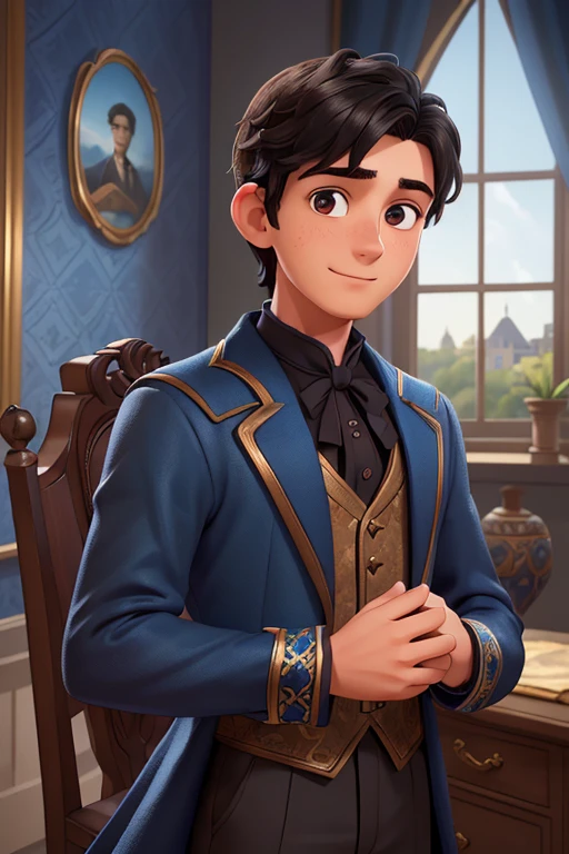 (masterpiece, best quality, ultra detailed), (high detail, hyper detailed), 25 year old boy in a castle with blue sky, dark brown eyes, happy, adult teenager, straight black hair, Disney prince costume, blue Victorian costume, detailed face, clear focus (clutter - house: 0.8), (masterpiece: 1.2) (Realistic: 1.2) (Bokeh) (Best quality) (Detailed look: 1.3) (Intricate details) (8K) (Eye detail) (Sharp focus)