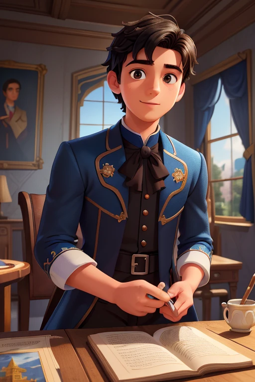 (masterpiece, best quality, ultra detailed), (high detail, hyper detailed), 25 year old boy in a castle with blue sky, dark brown eyes, happy, adult teenager, straight black hair, Disney prince costume, blue Victorian costume, detailed face, clear focus (clutter - house: 0.8), (masterpiece: 1.2) (Realistic: 1.2) (Bokeh) (Best quality) (Detailed look: 1.3) (Intricate details) (8K) (Eye detail) (Sharp focus)