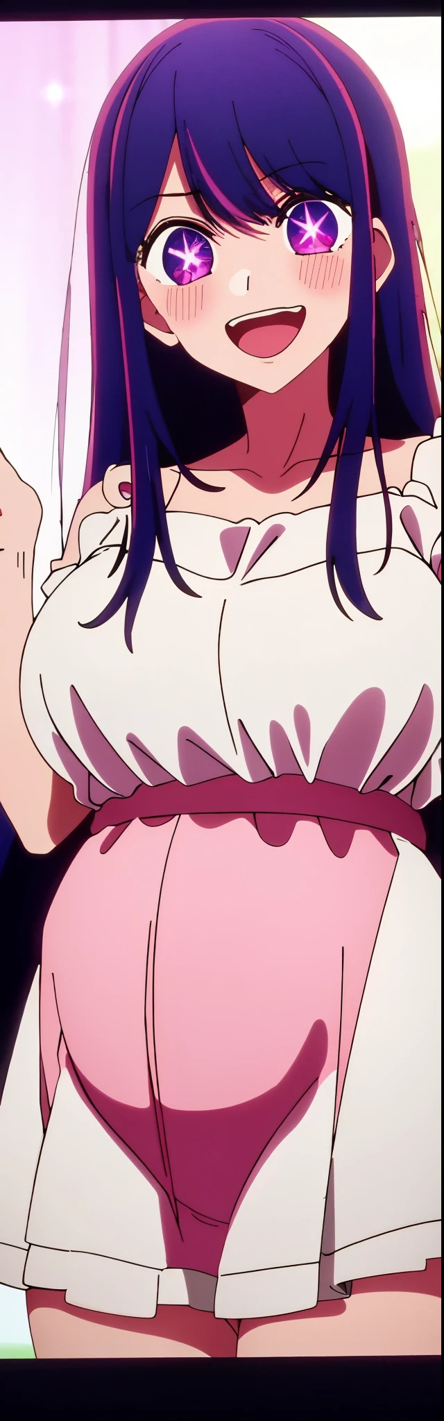 master piece、highest quality、very detailed、(1 girl:1.2)、purple hair、pink dress、Big eyes、Close-up、laughter、8K、Ai Hoshino、Live venue、((big breasts,pregnancy))、full limb