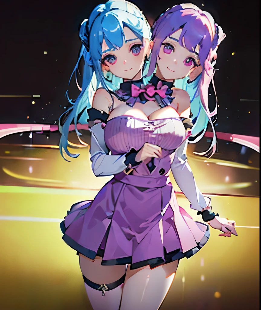 best quality, (masterpiece),(ultra-detailed), (high quality), (high resolution), (2heads:1.5) 1girl, ((blue hair)), ((pink hair)), black eyes, hair ornaments, teenage girl, purple turtleneck sweater ((purple outfit)), pink skirt pants,gentle smile,, high ponytail, (blue bow tie), factory background 