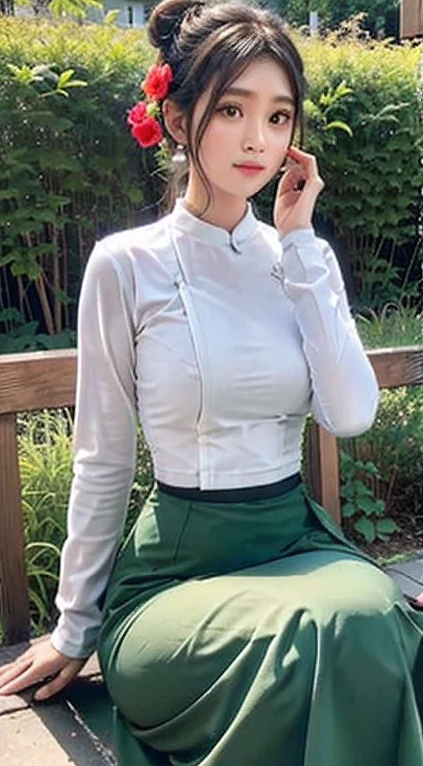 photorealistic, high resolution, masterpiece, best quality ,ultra-detailed, 1women, hair bun , jesmine flower on the head,  mature female, solo, hips up, (wearing acmmsayarma outfit, acmmsayarma white top with buttons, long sleeves), ((acmmsayarma green long skirt))