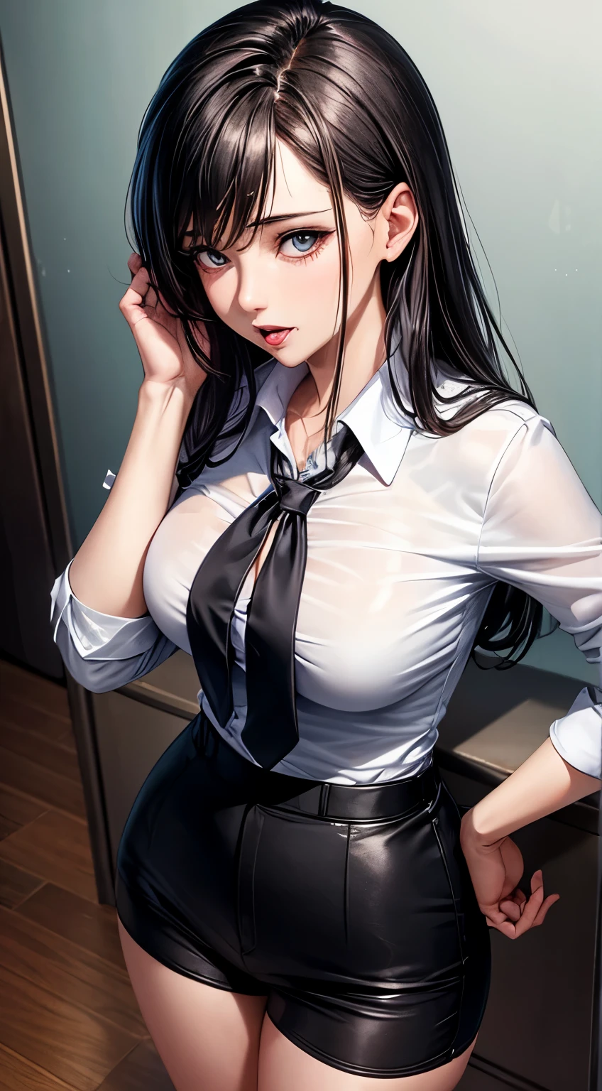 Woman, 30 years, adult, sexy teacher, open dress shirt,  saliva dripping, nigth, soft ligth, from above, black shorts, super detail, fingers --style realistic-imagine -