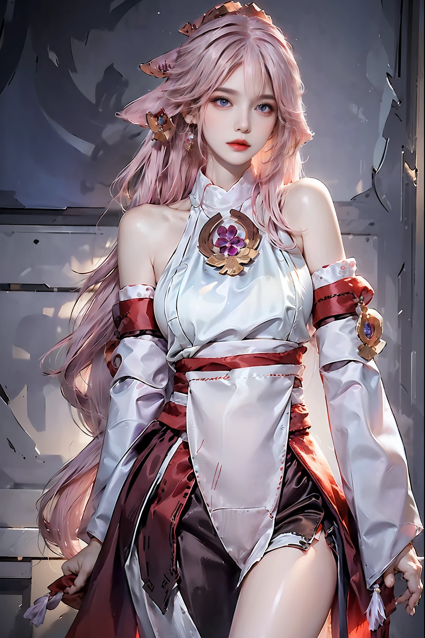 photorealistic, high resolution, 1 woman, white hair, hips up, yae miko, detached sleeves, bare shoulders, pink hair, long hair, best quality, (hair ornament:1.35), jewelry, purple eyes, earrings,