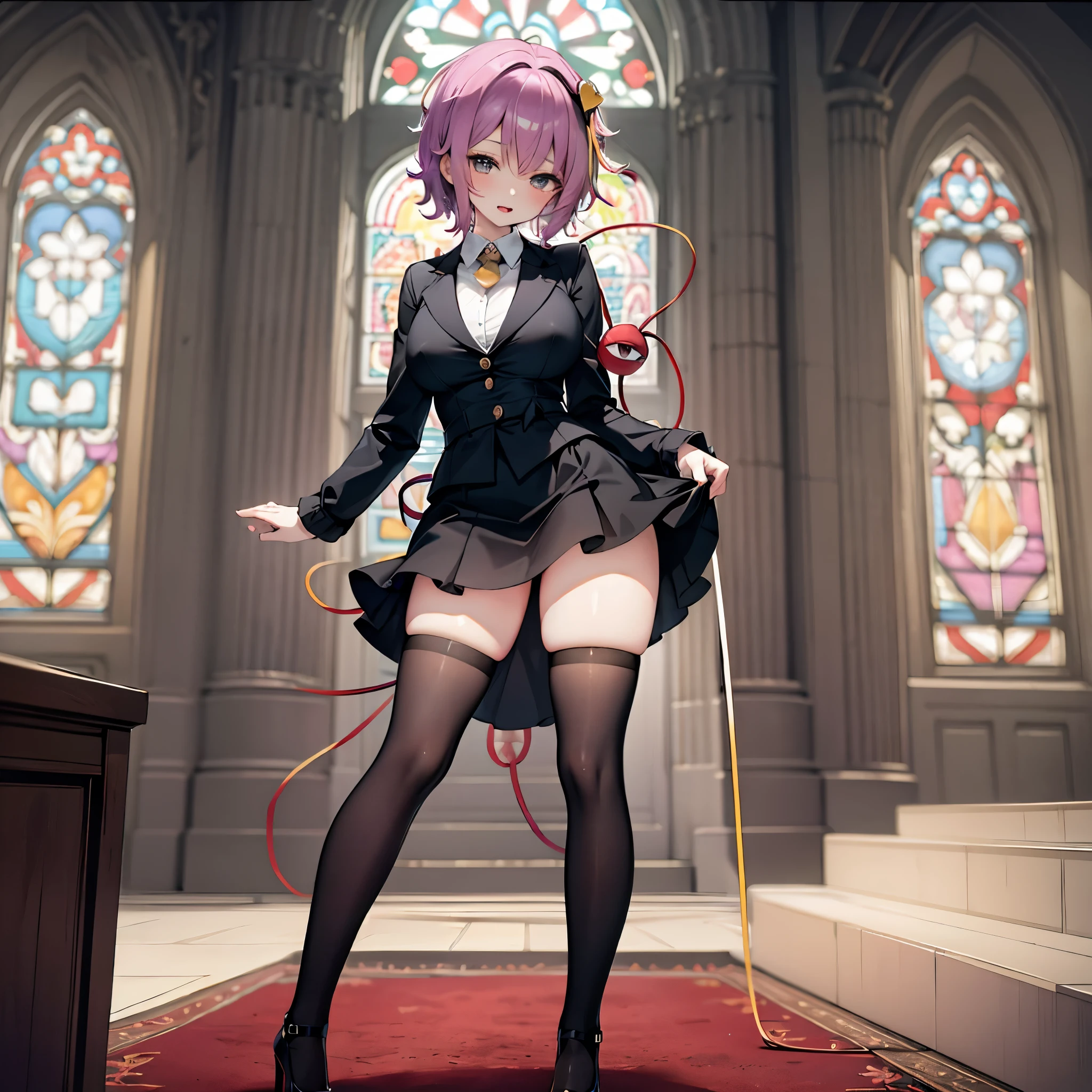 (Satori toho character:1.1), (solo), (standing in church), (stained glass), BREAK, short hair, large perky breasts, (inconceivably short torso), (inconceivably thin waist:1.2), (very long legs), BREAK, (tight black blazer:1.3), (black thighhighs:1.35), (very short black high-waist skirt:1.35) cinches waist too tight, (highheels), BREAK, nose blush, sad smile, open mouth, BREAK, masterpiece, ultra-detailed, ultra high resolution, full body