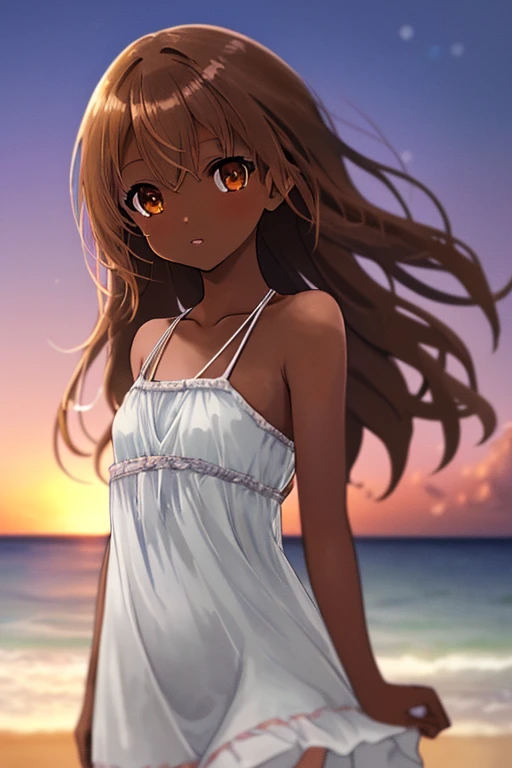 masterpiece, high quality, highres, A girl in a one-piece dress standing on the beach at duskm, The illustration is drawn in watercolor with a pastel color scheme, soft touch color, looking at viewer, portrait, face focus, collarbone, dark skin, very long brown hair, Each strand of hair is fine, hair between eyes, beautiful and delicate ((brown eye's)), eye's in highlight, catch light eyes, specular highlight eyes, parted_lips, white one-piece dress, okinawa, beach, sunset, magic hour, twilight, bokeh, Blurred Backgrounds, depth of field,