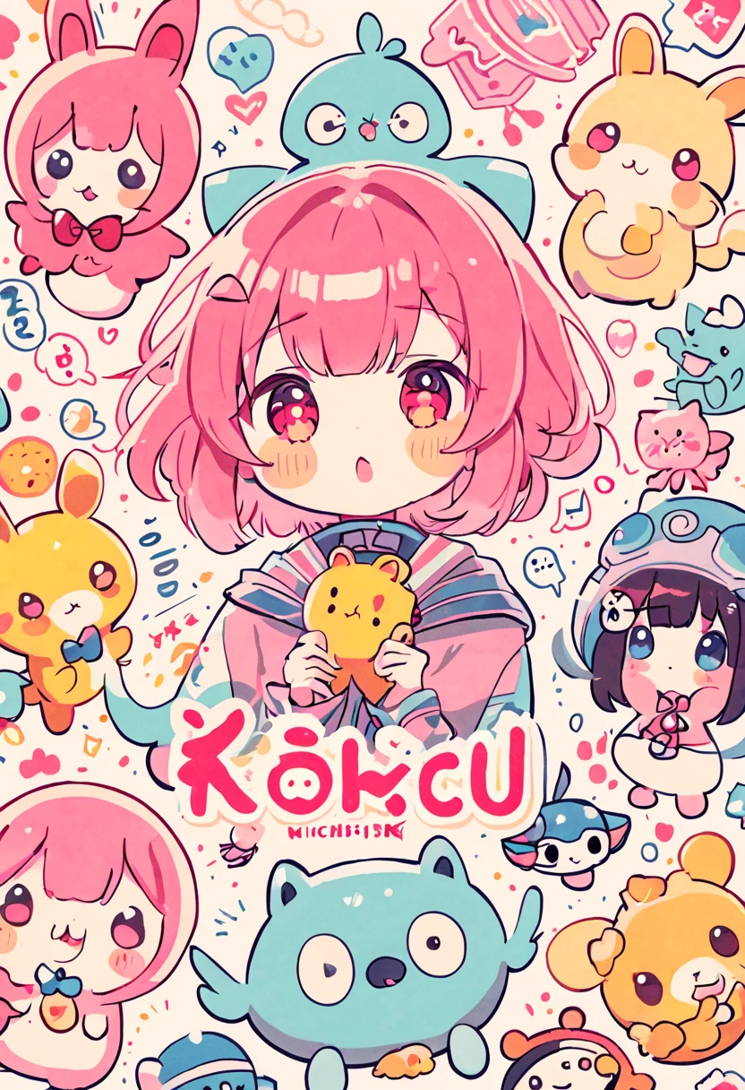there are many different animals and words written in chinese, hand painted cartoon art style, art cover, kawaii cutest sticker ever, sticker illustration, by Shiba Kōkan, by Kōno Michisei, cute features, 中 元 节, by Gusukuma Seihō, stickers illustrations, cute characters, scifi