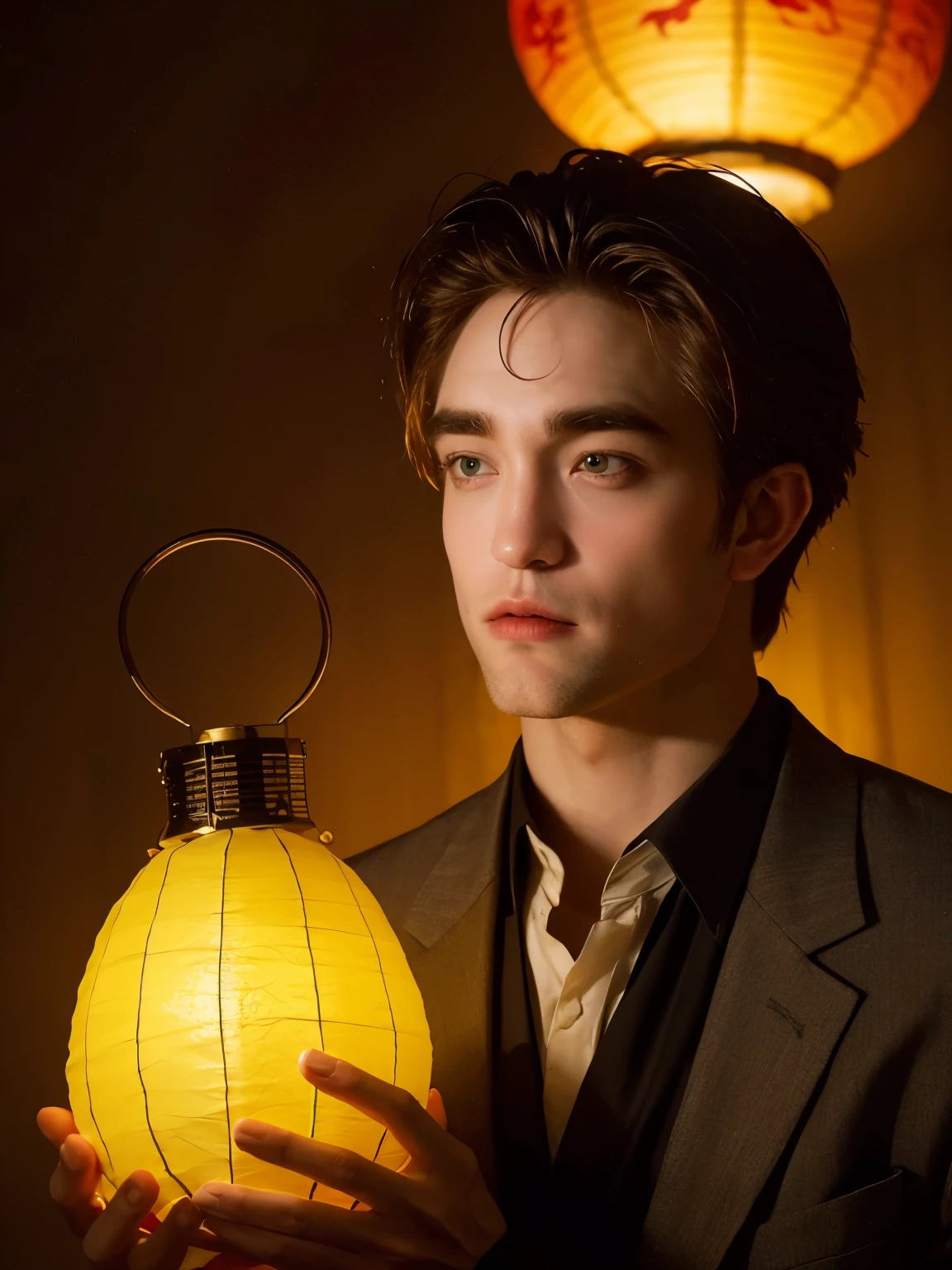 Robert Pattinson as Cedric Diggory,Chinese lantern,The background is a Chinese dragon,grace,Exquisite,meticulous portrait