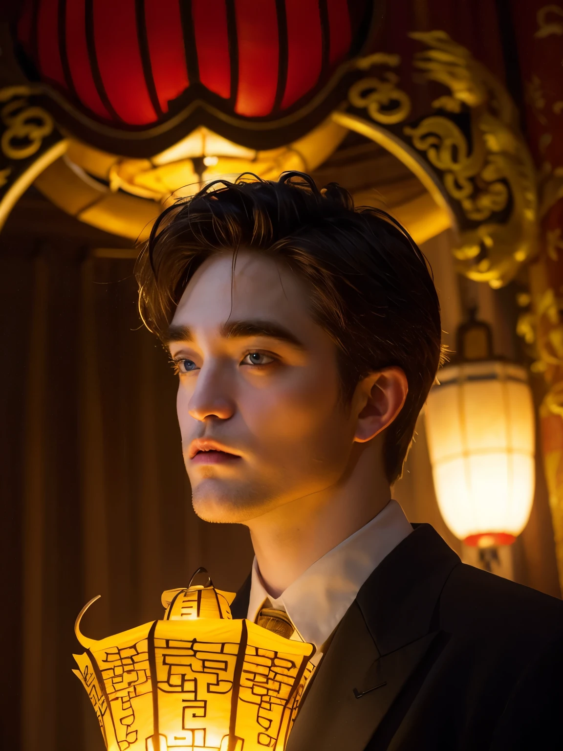 Robert Pattinson as Cedric Diggory，Chinese lantern，The background is a Chinese dragon，grace，Exquisite，meticulous portrait