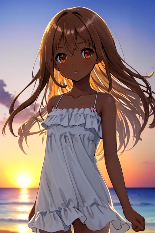masterpiece, high quality, highres, A girl in a one-piece dress standing on the beach at duskm, The illustration is drawn in watercolor with a pastel color scheme, soft touch color, looking at viewer, portrait, face focus, collarbone, dark skin, very long brown hair, Each strand of hair is fine, hair between eyes, beautiful and delicate ((brown eye's)), eye's in highlight, catch light eyes, specular highlight eyes, parted_lips, white one-piece dress, okinawa, beach, sunset, magic hour, twilight, bokeh, Blurred Backgrounds, depth of field,