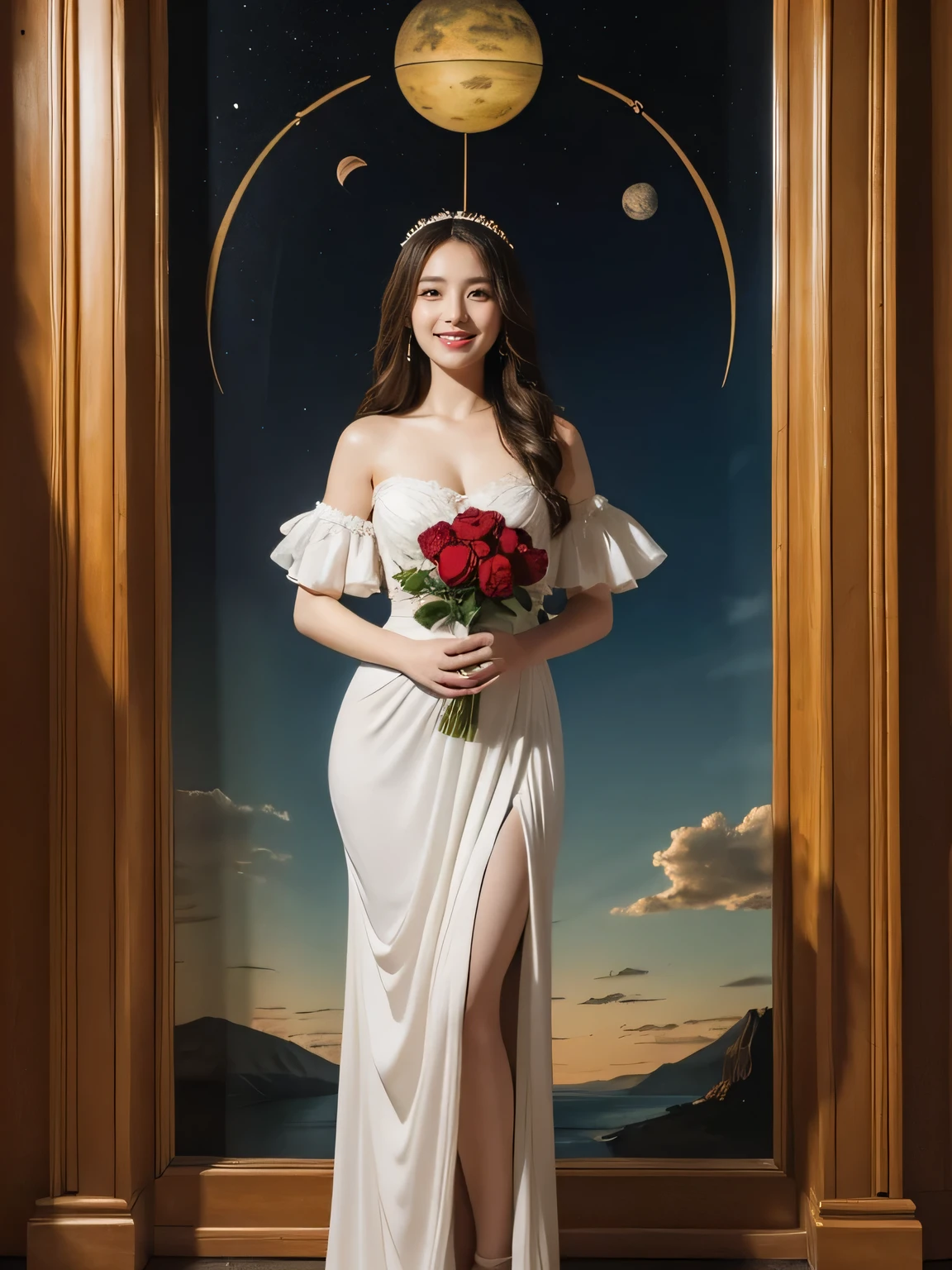full body portrait or statue、Stained glass、Vigée Leblanc style、math、Astronomical machinery、astronaut、roses in vase、fruits、Cute trinkets、smile、ancient greek costume、Sandro Botticelli paintings、Clothes that stretch your shoulders、A big smile、expression of ecstasy、sexy、beautiful bare skin、A detailed representation of the seducing woman throughout her body.