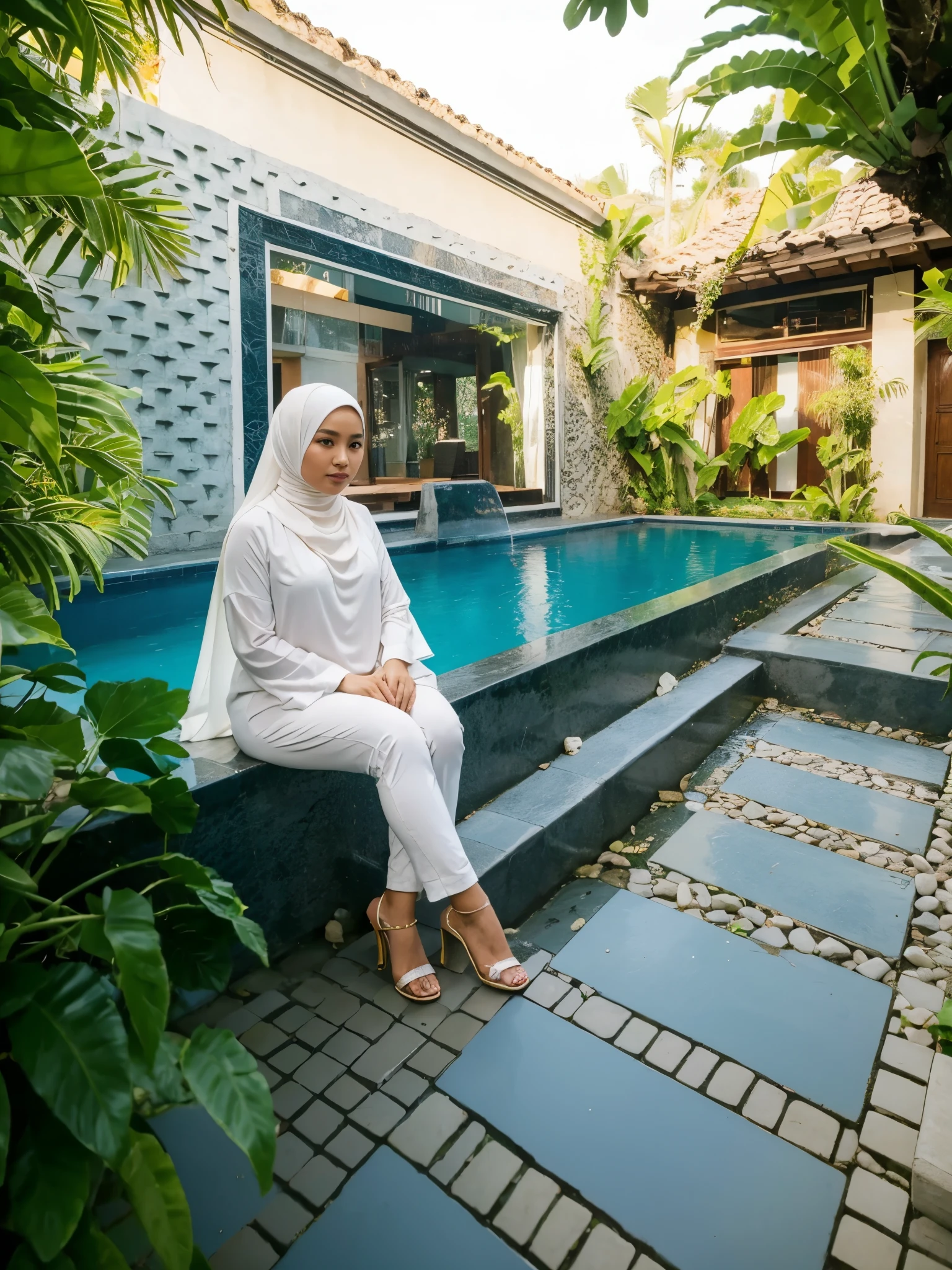 Indonesia woman. Plump ,Hijab. Villa