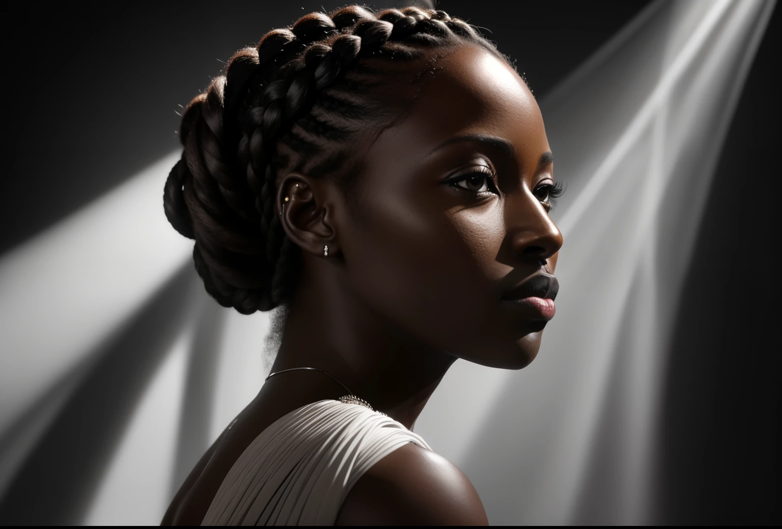 Arafed woman with braids in a white dress looking at the camera., Retrato de Ororo Munroe, foto de una mujer negra, adut akech, dramatic portraiture of namenlos, retrato claroscuro, dramatic lighting; 4K 8K, dramatic lighting on the face, dramatic intense lighting, Lupita Nyong'o, mujer joven negra